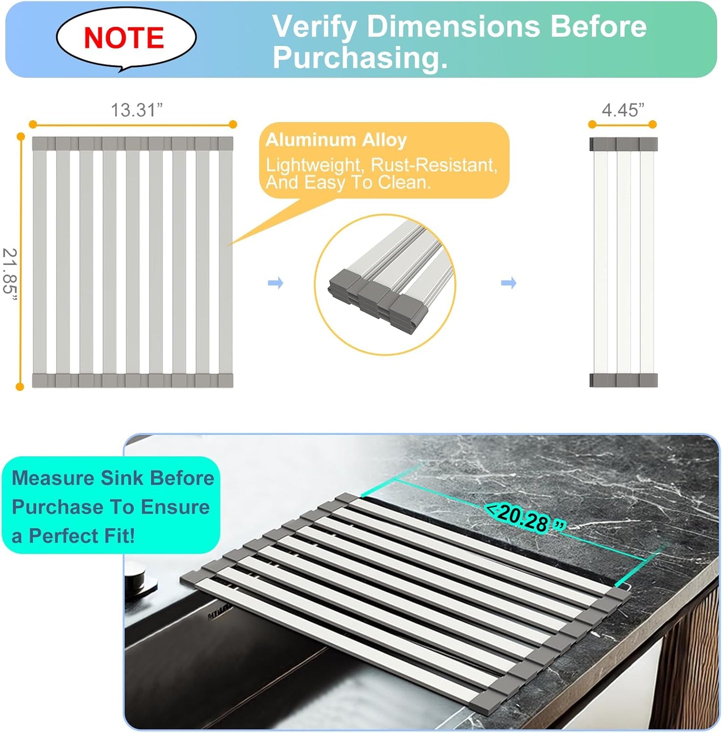 Mamakura Roll Up Dish Drying Rack Over The Sink，Multipurpose Foldable Sink Cutting Boards&Dish Rack for Kitchen,Aluminum Alloy Sink Rack Mat,21.85"x13.31",Grey