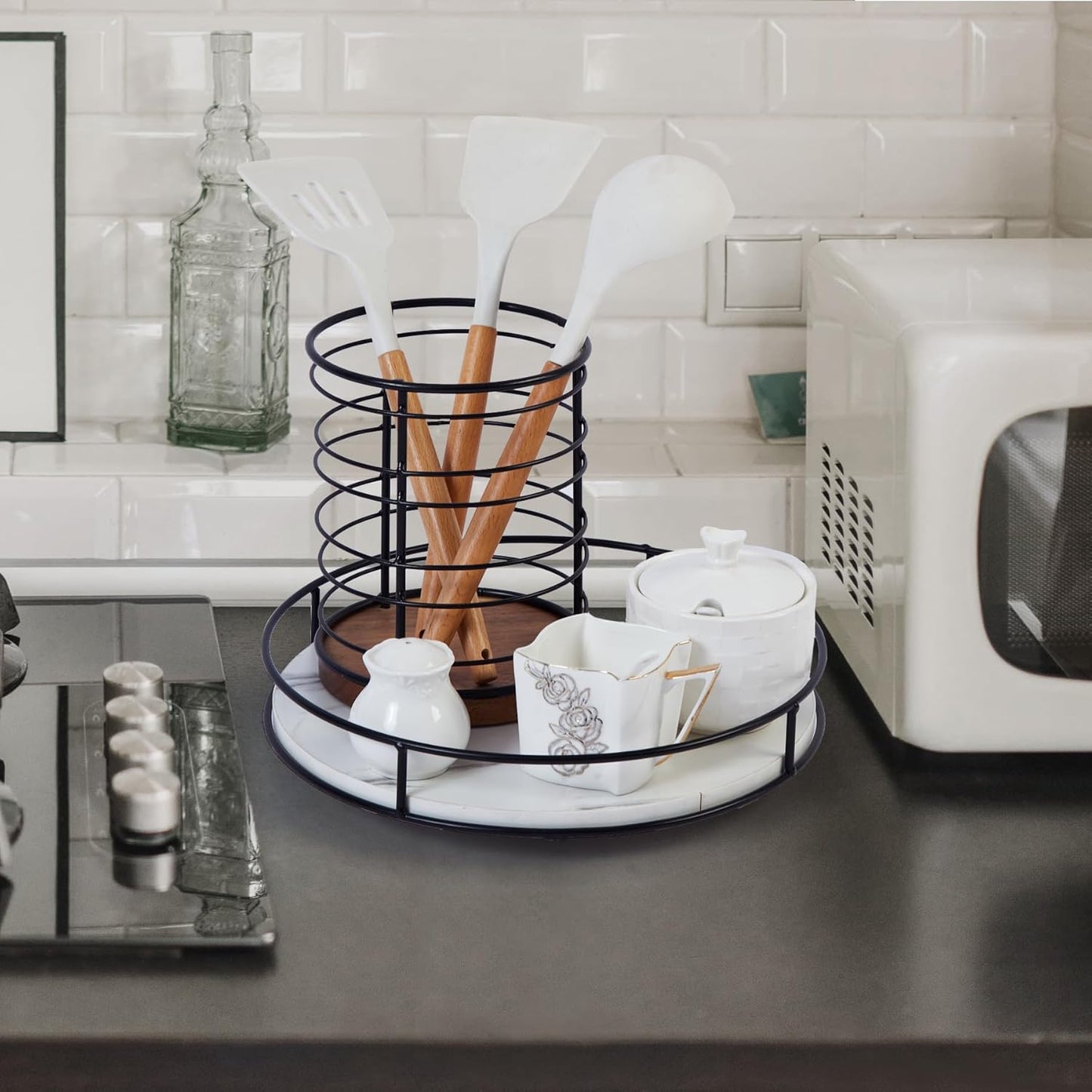 12 Inch White Wood Lazy Susan Turntable for Table, Kitchen Rustic Brown Turntable Organizer with Steel Frame, 360 Degree Decorative Turntable for Countertop Cabinet or Centerpieces