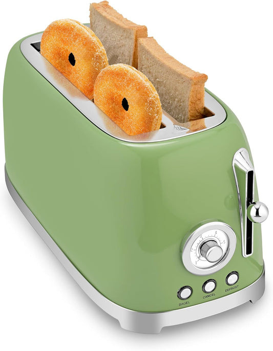 SUSTEAS Toaster 4 Slice Wide Slot, Stainless Steel Bread Bagel Toasters, Retro Long Slot Tostadora for Defrost, Reheat, Removable Crumb Tray, 1500W, 6 Browning Settings, Retro Green