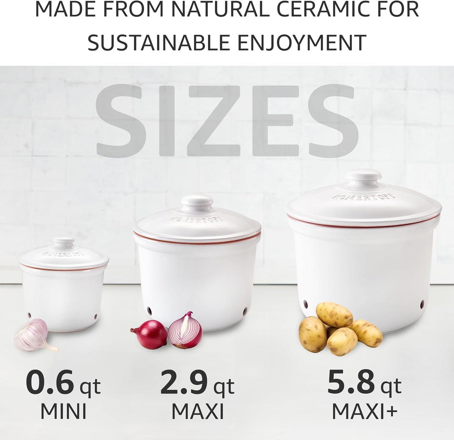 Romertopf Freshness Storage Potato Onion Garlic Clay Pot Set of 3 with Lids - White