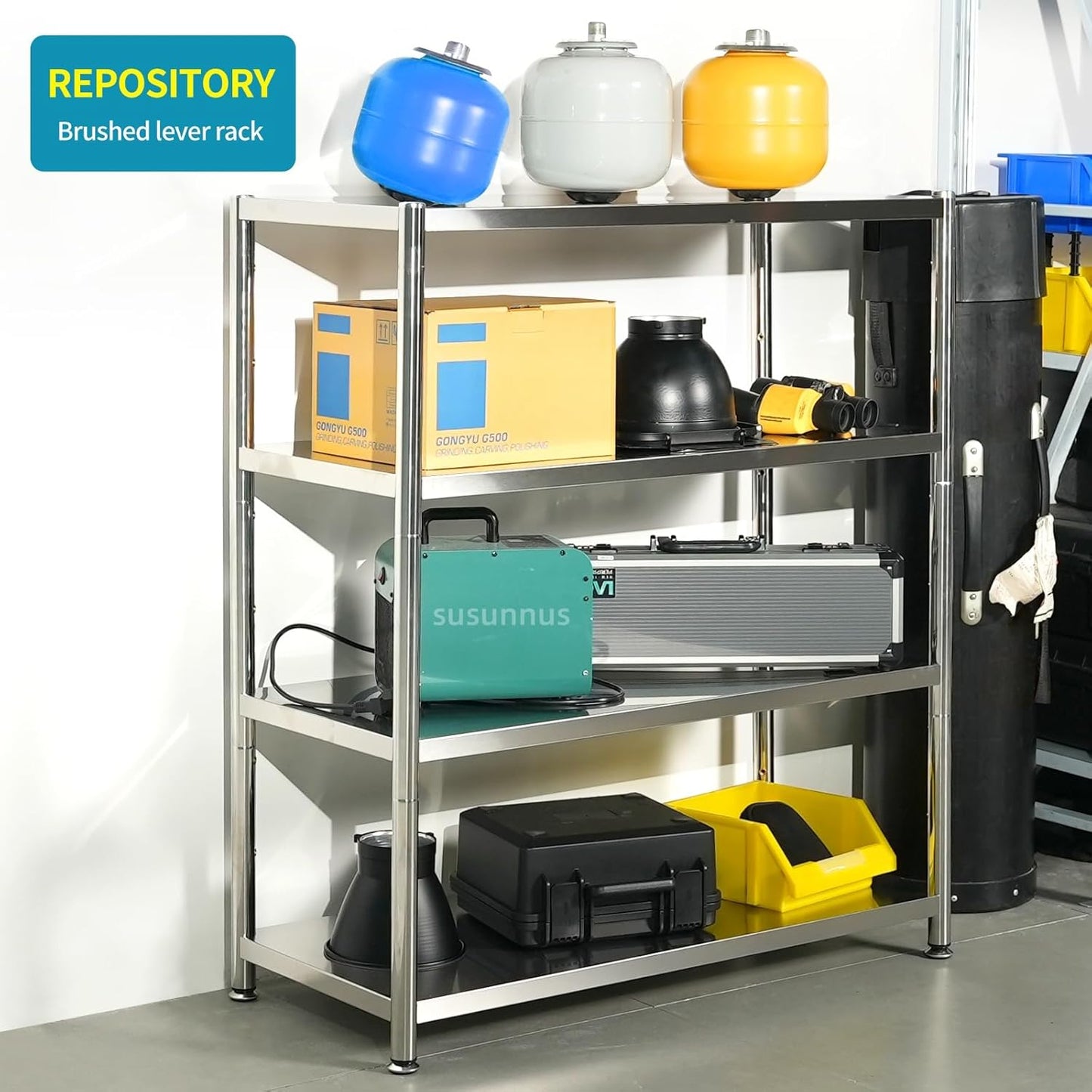 susunnus 4-Tier Stainless Steel Shelf, Heavy Duty Shelving for Kitchen, Garage, Industrial Storage, Kitchen Shelves Adjustable Feet, Easy to Clean(35.8in*15,8in Without Guardrails)