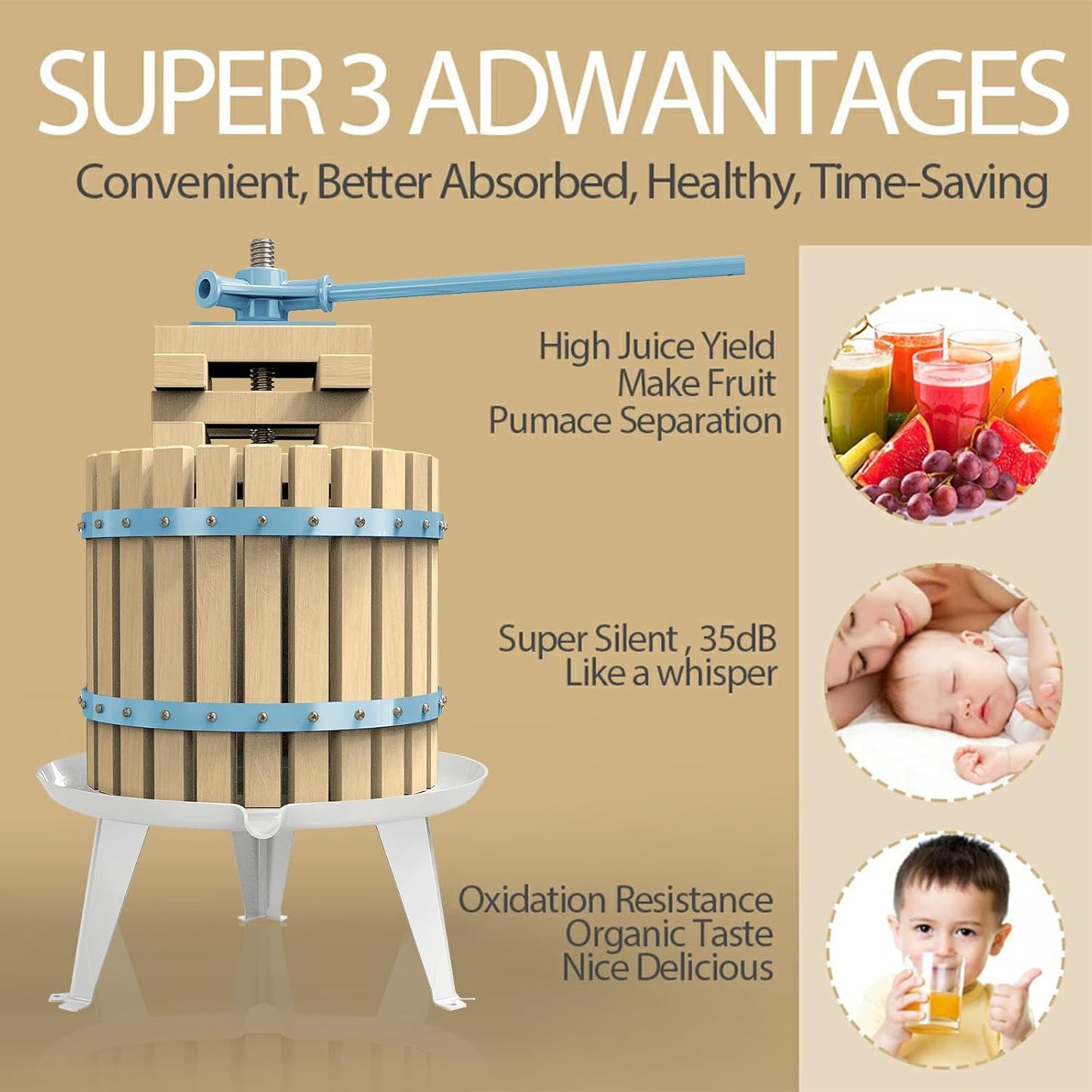 SQUEEZE master Fruit Apple Cider Wine Press-Blue-3.17 Gallon/12L-Solid Wood Basket-Vintage traditional juicer-Pole Handle Bar for Juice,Wine-1 free filter bag included