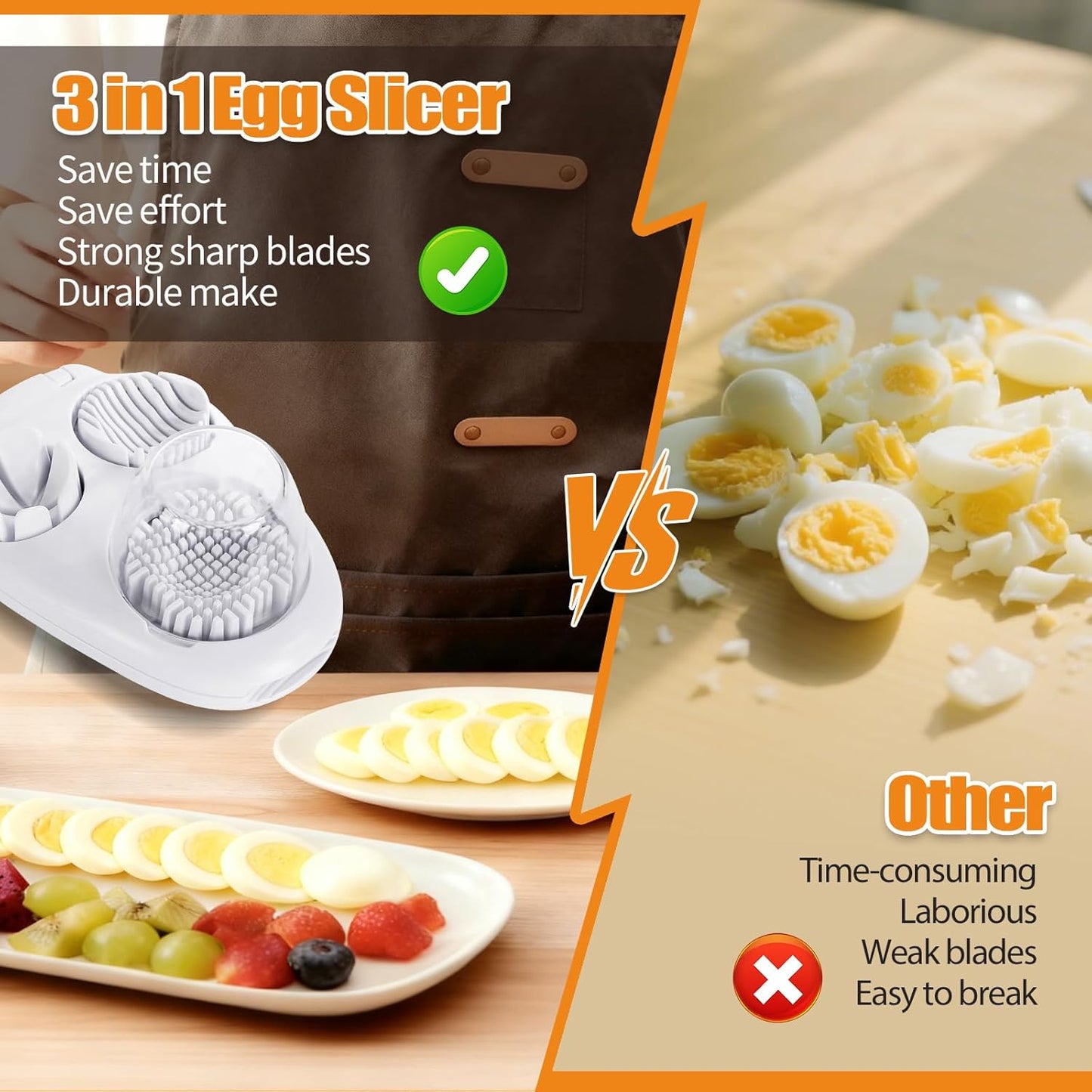 3-In-1egg Slicer For Hard Boiled Eggs,Stainless Heavy Duty Steel Egg Slicer Kitchen Gadget, Fit Strawberry,Apple,Banana,Cherry,Tomato,White