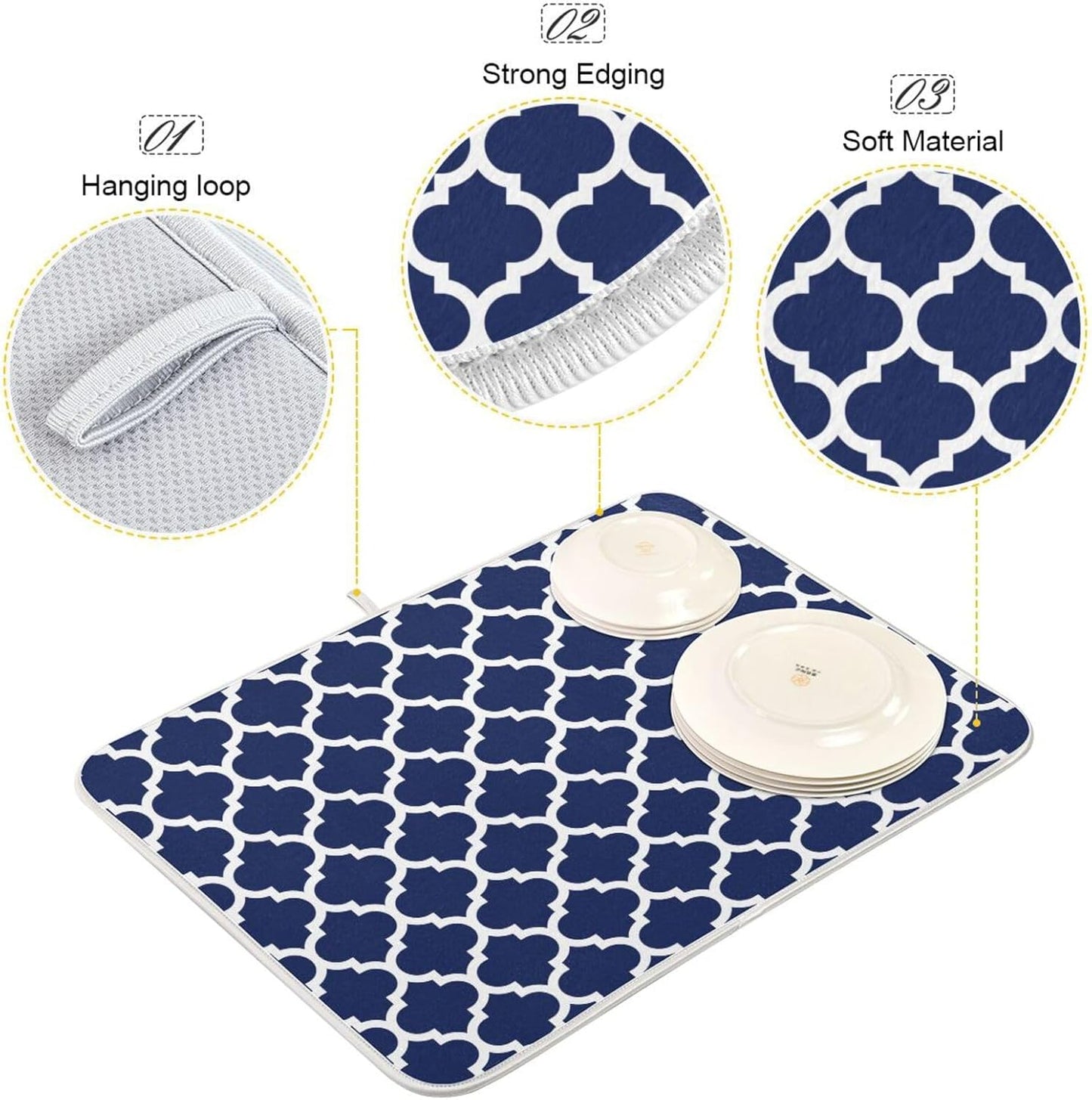 Navy Blue Trellis Lattice Dish Drying Mat for Kitchen Counter Absorbent Microfiber Drying Pad, Medium 16x18 in, Reversible Drainer Mats
