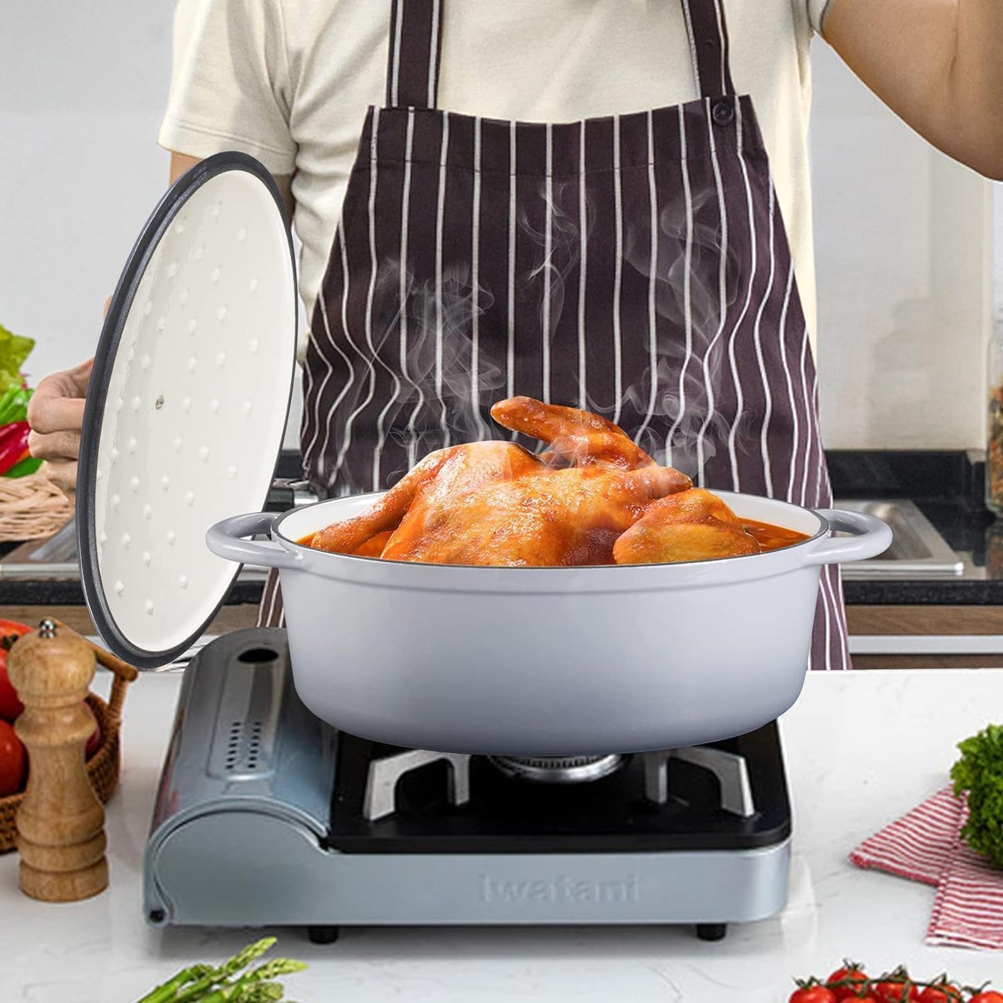 Enameled Cast Iron Oval Dutch Oven, 7 qt Oval Dutch Oven Pot with Lid and Dual Handles for Braising, for Braising, Broiling, Bread Baking, Frying, Gray