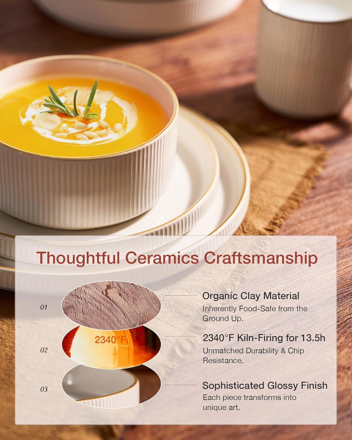 Famiware Star Dinnerware Set, Plates and Bowls Sets for 8 (24pcs), Ribbed Stoneware Dishes - Chip & Scratch Resistant, Microwave & Dishwasher Safe Tableware, Vanilla White