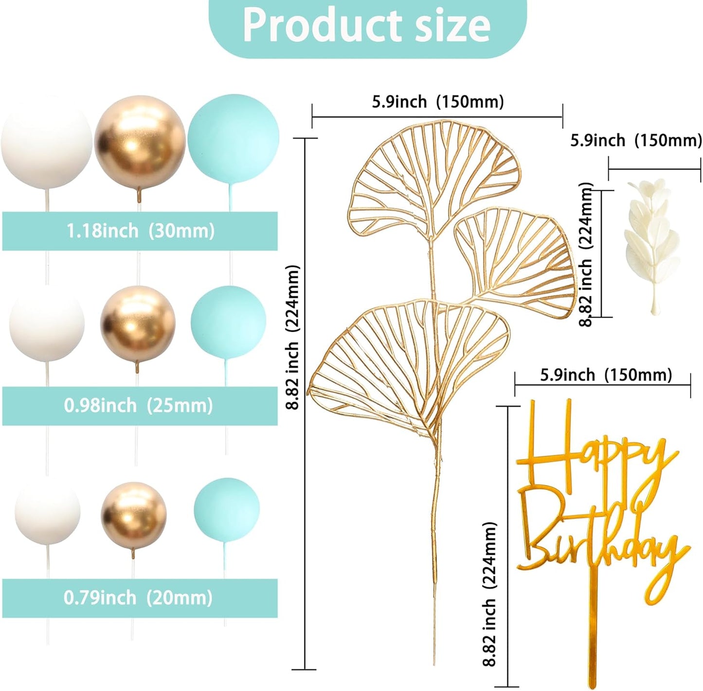 Gyufise 57Pcs Balls Cake Topper Boho Grass Cake topper Pearl Balls Acrylic Happy Birthday Cake Decorations for Wedding Baby Shower Birthday Boho Themed Party Supplies Light Blue
