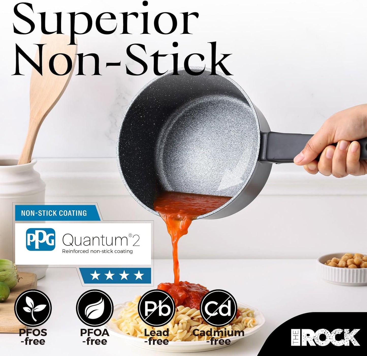 THE ROCK SOHO Nonstick Saucepan with Lid, 2 Quarts Small Pot with PPG Quantum2 Coating – Durable for Urban Kitchens, Nothing Sticks, Never Warps, Lasts Longer, Induction Compatible, PFOA-Free, Black