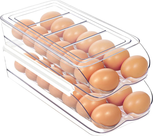 Egg Holder for Fridge, Automatic Rolling Egg Organizer for Refrigerator, Clear Plastic Egg Container & Tray, Stackable Dispenser and Storage Bin with Sturdy Lid to Saving Space -2 Layer
