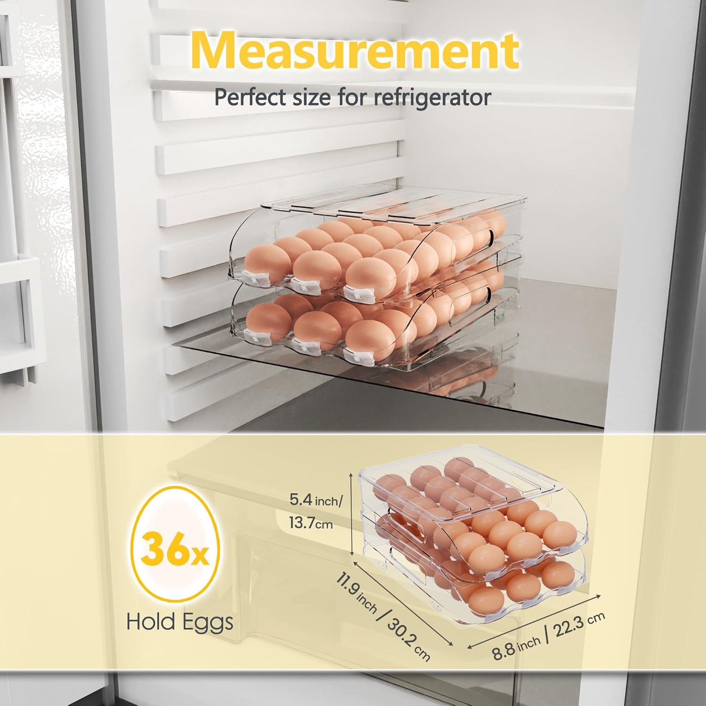 Egg Holder for Fridge, Automatic Steady Rolling Egg Container with Soft Bumpers & Handle for Refrigerator, Stackable Fridge Organizers and Storage with Lid
