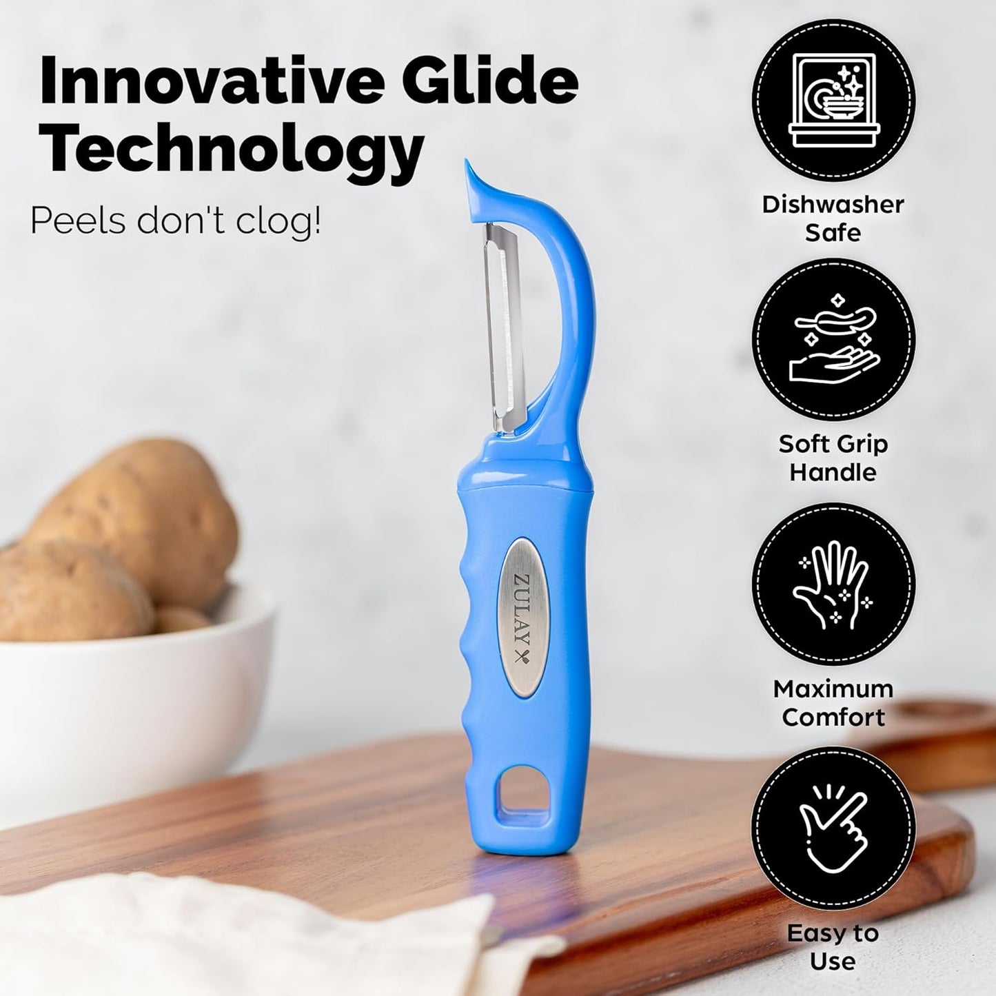 Zulay Kitchen Premium Vegetable Peeler for Kitchen - Swivel Peeler with Razor Sharp Stainless Steel Blades & Strong Ergonomic Handle - Dishwasher Safe, Easy To Use with Blemish Remover - Blue