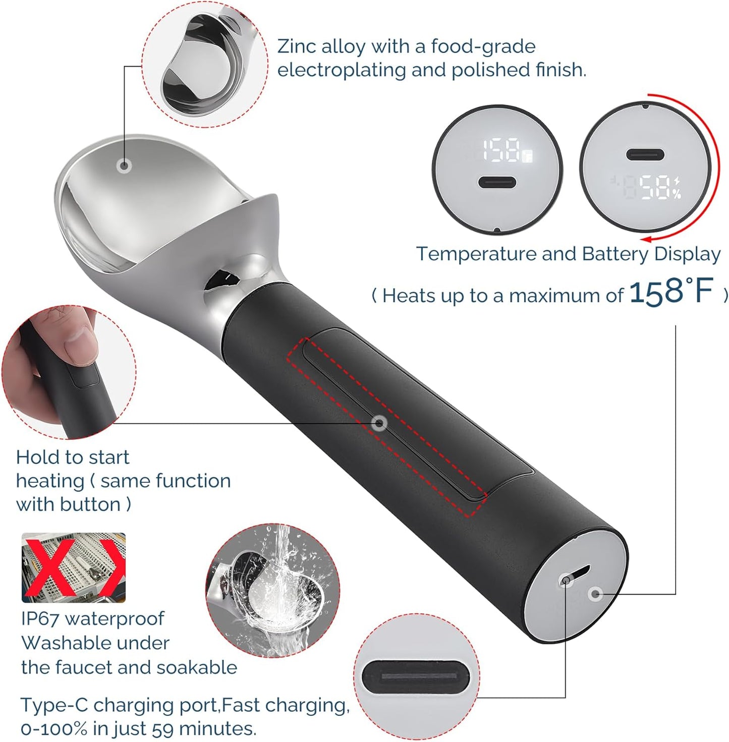 Heated Ice Cream Scoop Rechargeable, Electric Warming Ice Cream Scooper with LED Display, Heats to 158°F for Hard Ice Cream, Easy for Seniors & Kids, IP67 Waterproof (Black, 2 oz)