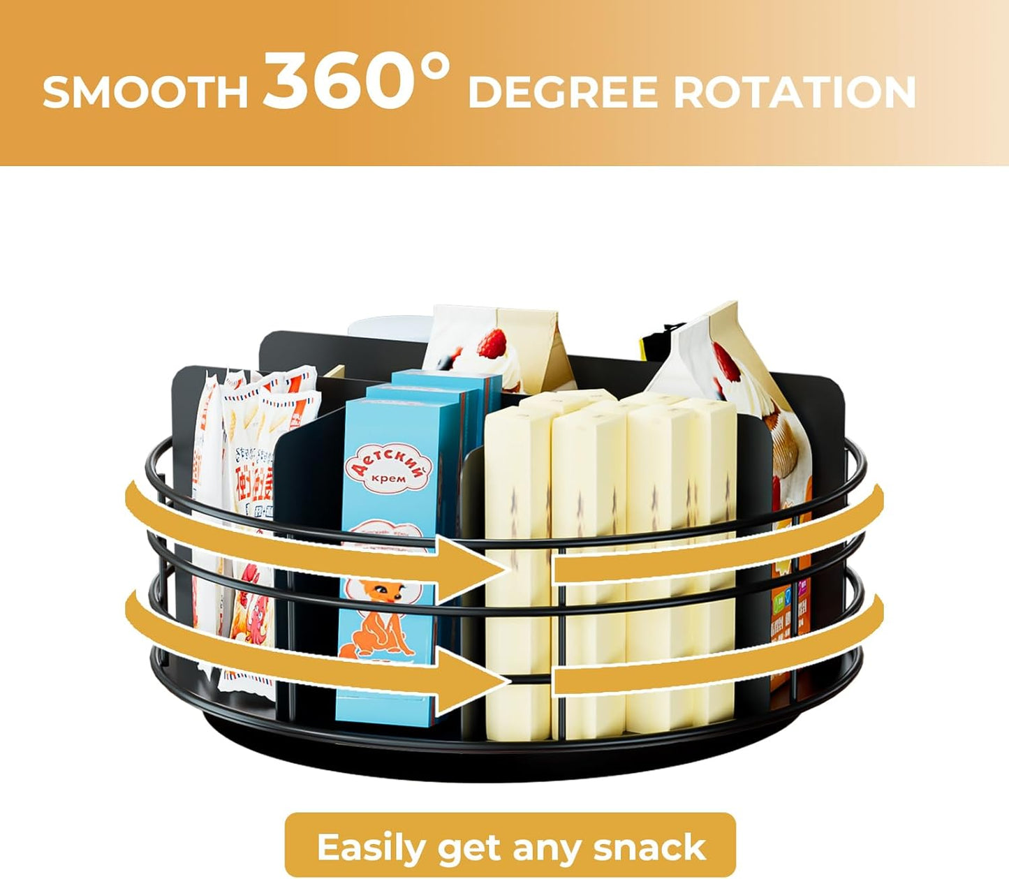 Snack Organizer - Versatile Snack Storage, Lazy Susan with Convenient Grab-and-Go Design, Metal Snack Holder for Home, Office, Breakroom, 10.85" L x 10.85" W x 5" H (Matte Black)