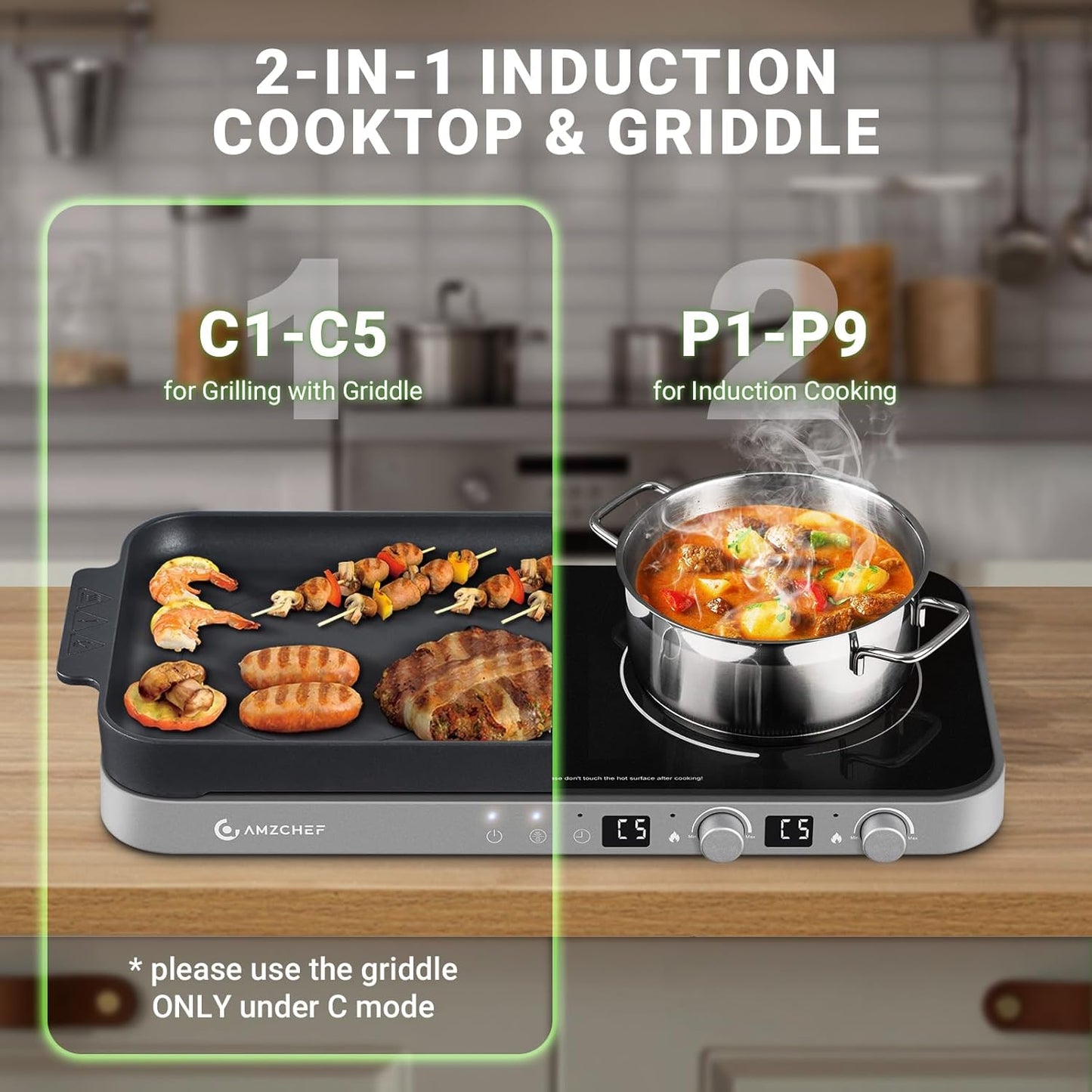 AMZCHEF Double Induction Cooktop with Removable Griddle Pan Non-stick, 1800W 2 burner Portable Induction Stove With Sensor Touch 9 Power Levels, 99 Min Timer, Iron Grey