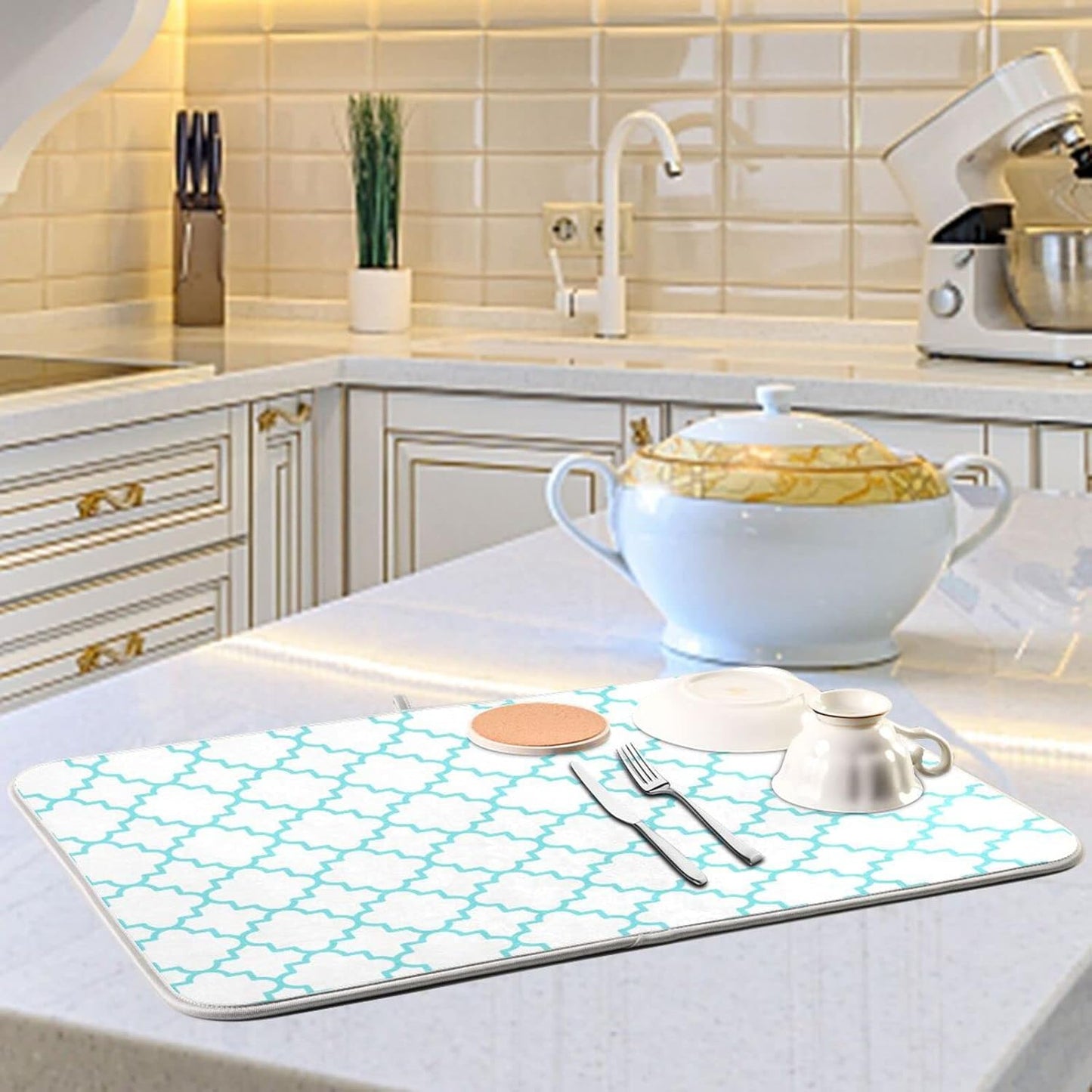 Senya Super Absorbent Dish Drying Mat, Microfiber Fast-Drying Dish Mat, 24inches x 18inches , Kitchen Dish Drying Pad, Traditional Quatrefoil Lattice Pattern