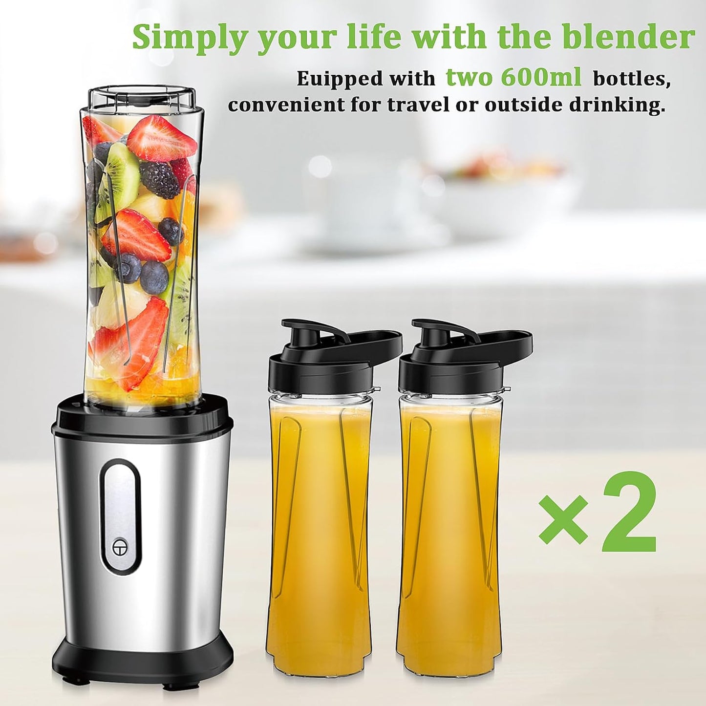 Electric Smoothie Blender, Powerful Small Blender with 2 Portable 20oz Tritan blender Bottles, BPA-Free Personal Blender with 4 Stainless Steel Blades, Mixer Smoothie Maker for Shakes and Smoothies