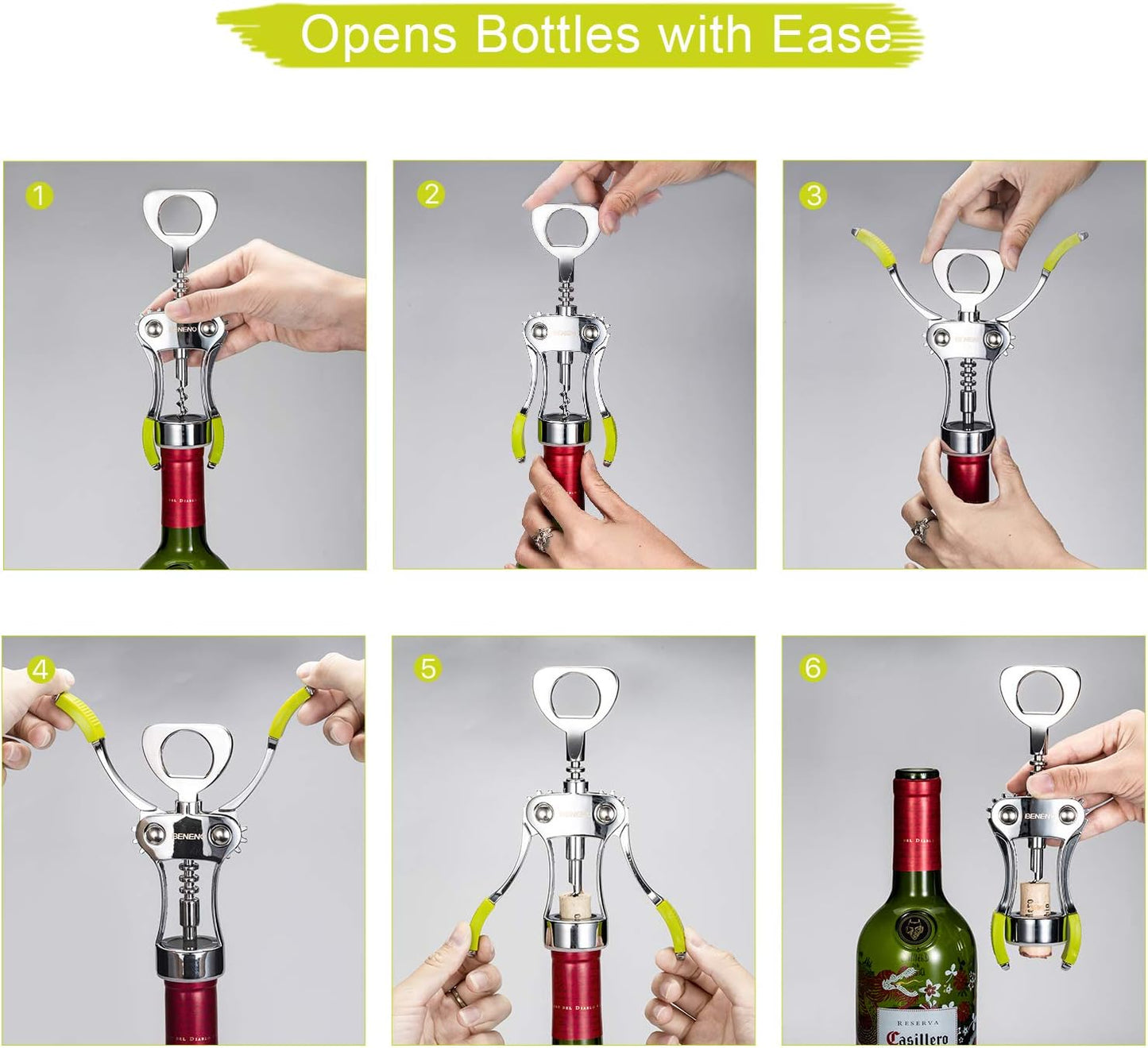 Beneno Wine Opener, Zinc Alloy Premium Wing Corkscrew with Multifunctional Bottles Opener, Sharp Wine Corkscrew with Ergonomic Non-Slip Wing Handle, Upgrade Green