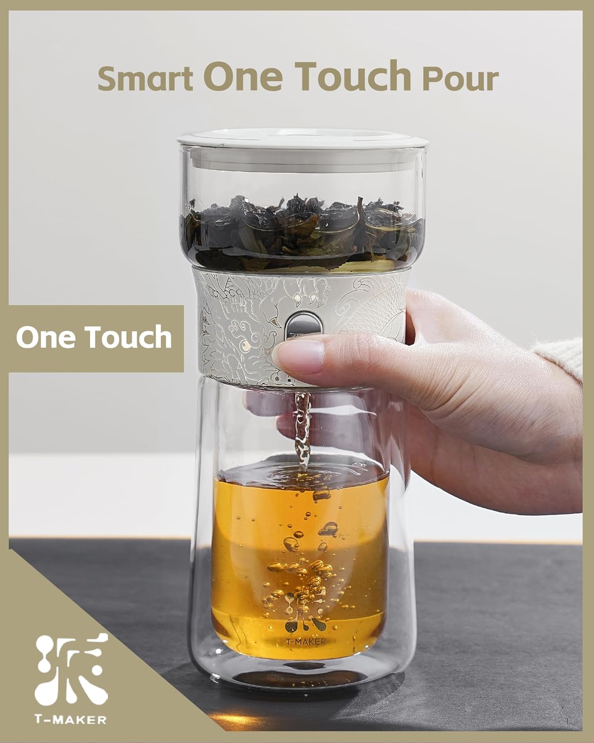 ZENS Cool Glass Teapot with Infuser, Smart One Touch Tea Maker for Loose Tea Diffusers with Insulated Mug and Portable Tea Kits, Enchanted Teapot Alternatives for Tea Lover Gifts