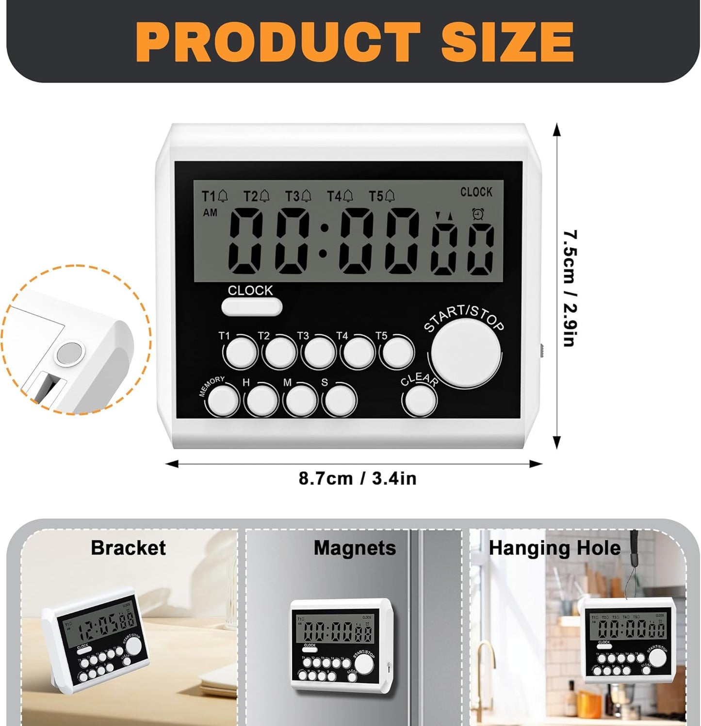XREXS 5 Channels Digital Kitchen Timer, Clock Mode with Large LCD Display, Cooking Timer, Loud Volume Alarm and Flashing Light with Magnetic Back, Stand, Battery Included