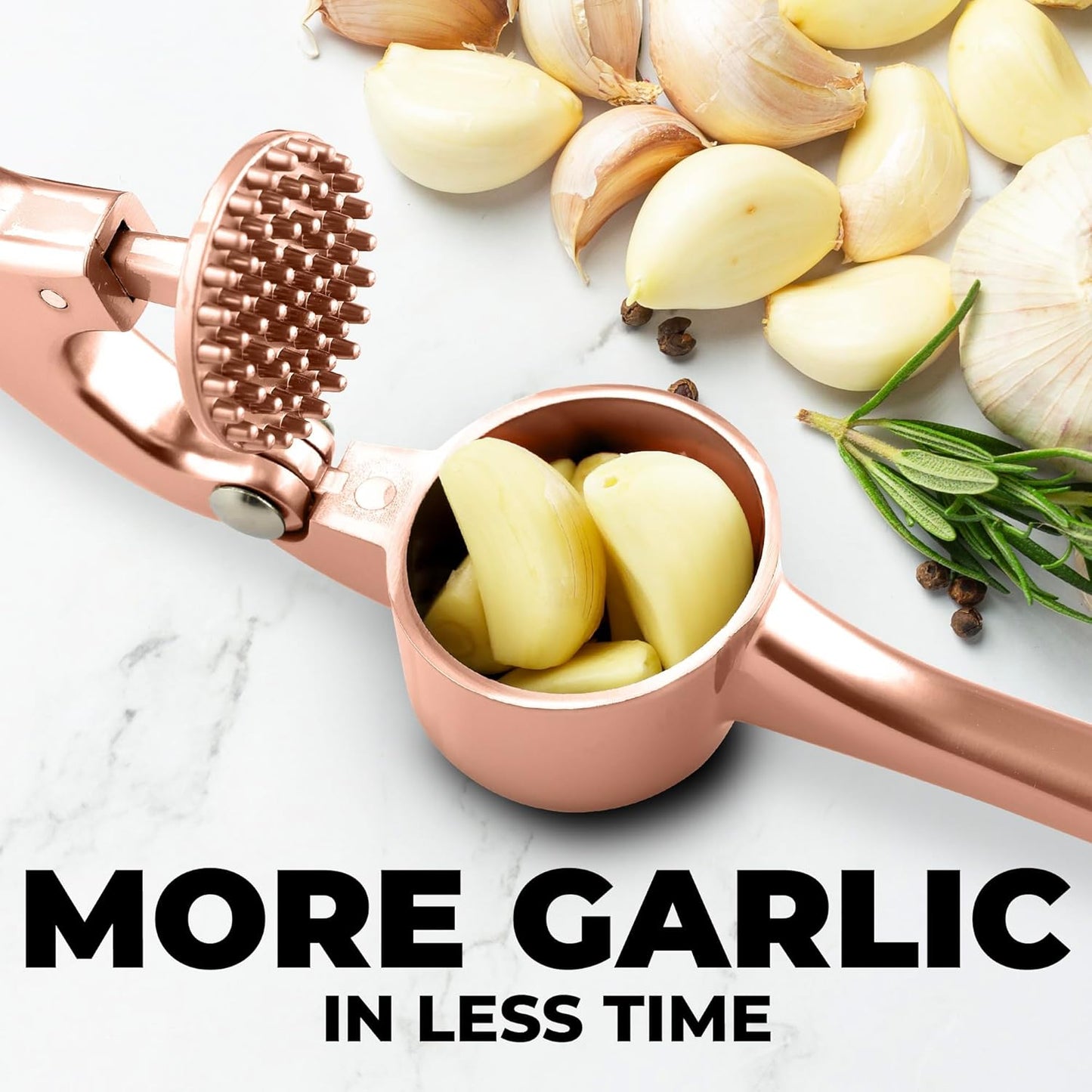 Zulay Kitchen Large Premium Garlic Press Set - Bigger Bowl for Bigger Garlic - Rust Proof & Dishwasher Safe Garlic Mincer Tool - Easy-Squeeze, Easy-Clean Silicone Garlic Peeler & Brush (Rose Gold)