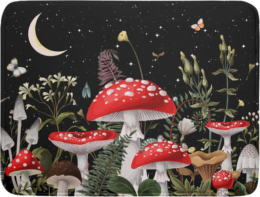 Red Mushroom Dish Drying Mat for Kitchen Counter Plant Leaves Drainer Mats Rack Holder Countertop Absorbent Microfiber Coffee Pads 18x24 Inch