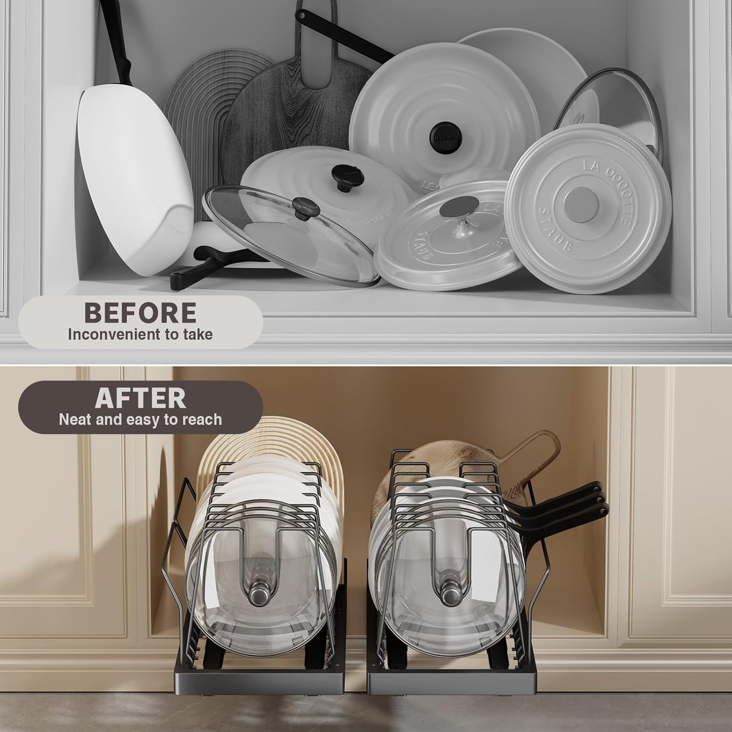 Pots and Pans Organizer Under Cabinet, 22" Deep Expandable Pull Out Pot Lid Organizer and Storage with 10 Adjustable Dividers No Drill Pot and Pan Holder Rack with Handle Bracket(1 Pack,Black)