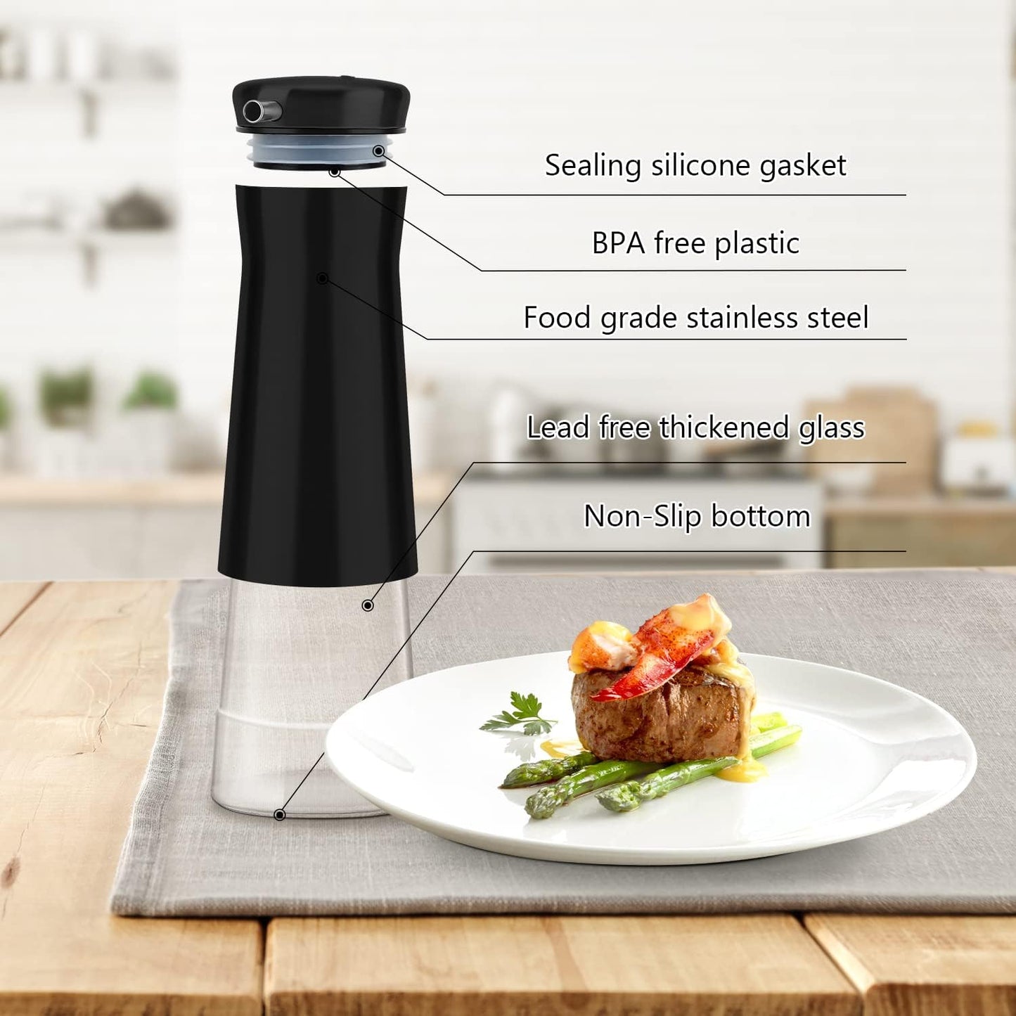 Aelga Black Oil And Vinegar Dispenser Set - 2 Pack Oil Dispenser Bottle for Kitchen with No-Drip - Black Kitchen Decor and Accessories for Home Restaurants Weddings