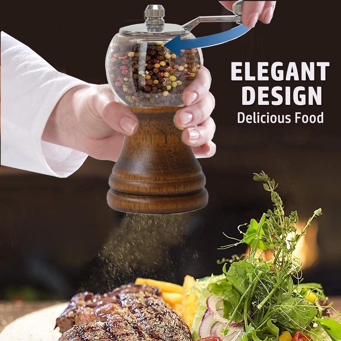 Pepper Mills Pepper Grinder Set, Classical Hand Shake Wooden Pepper Grinder Setrefillable Wood Acrylic grinder, Ceramic Blades & Metal Handle Tools (5in-2pcs-Mixed Color)