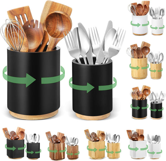 2 Pack Wooden Utensil Holder, 360°Rotating Kitchen Cooking Utensil Crock, Spoon Spatula Holder for Kitchen Counter, Farmhouse Countertop Organizer(Black,Round)
