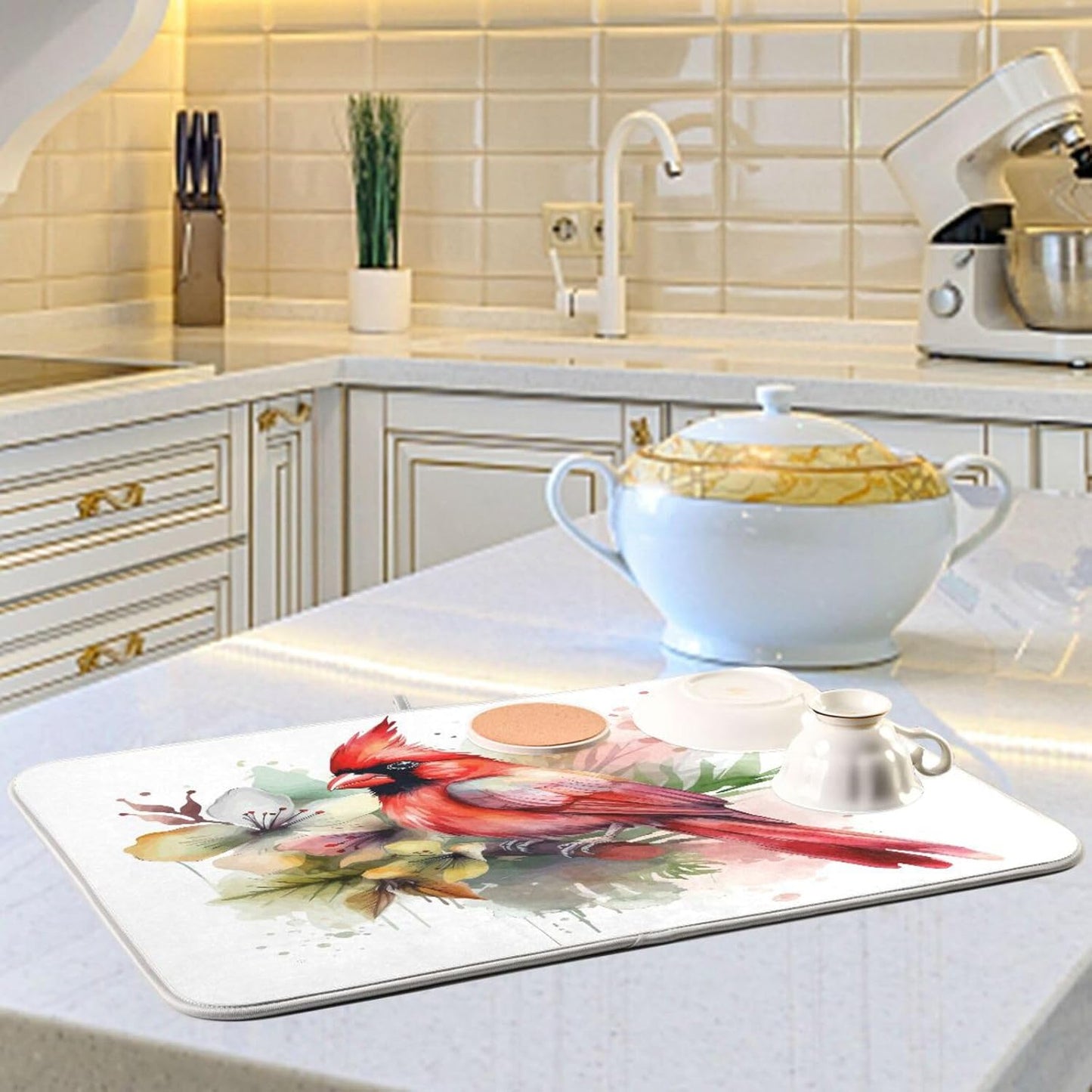 Cute Cardinal Christmas Dish Drying Mat for Kitchen Counter Absorbent Microfiber Drying Pad, Large 18x24 in, Reversible Drainer Mats