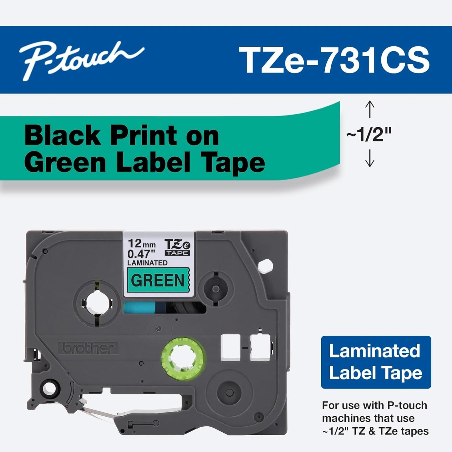 Brother Genuine P-touch, TZe-731CS, 0.47” x 26.2’, Black on Green Laminated Label Tape