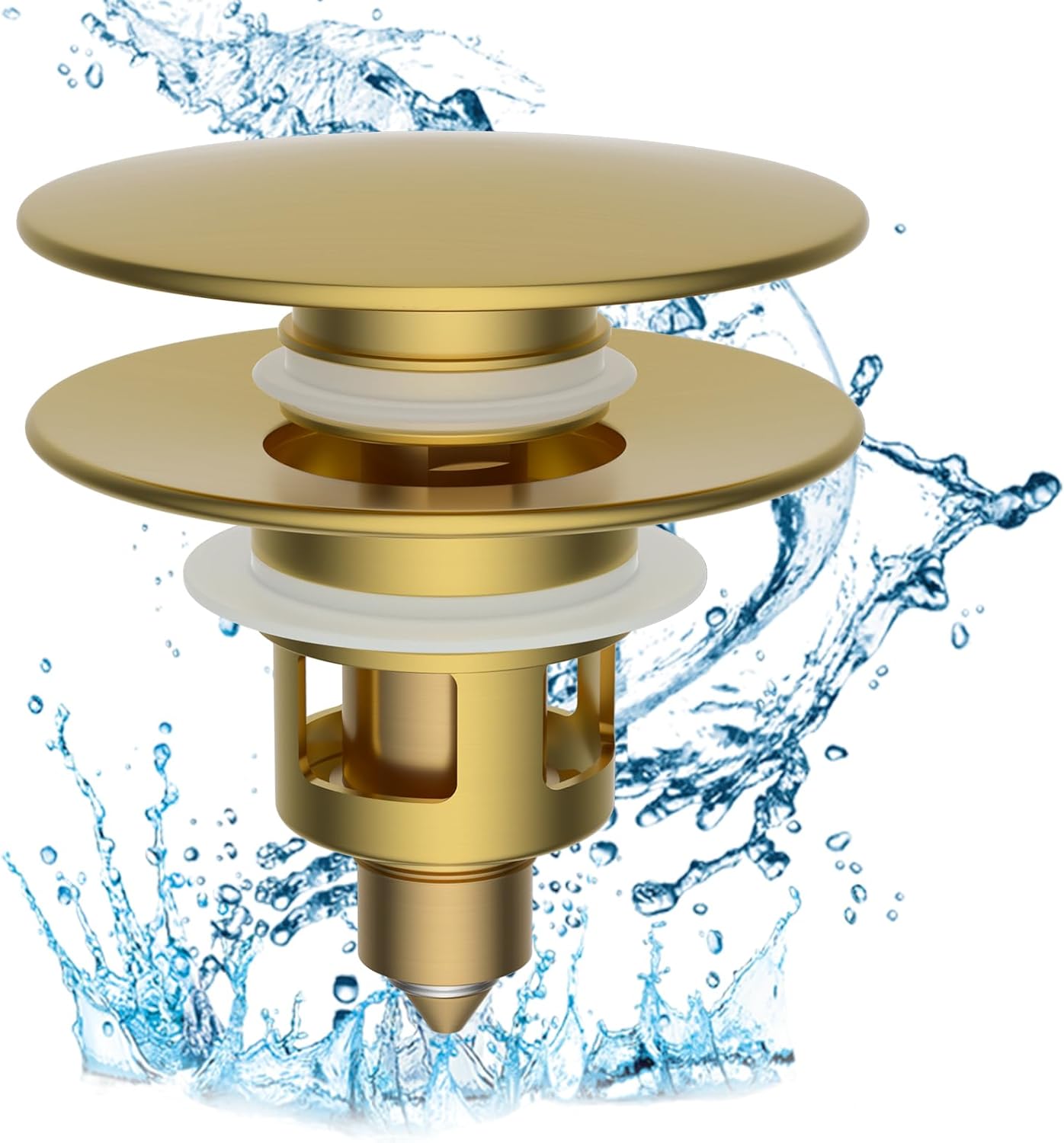 Hibbent All Metal 2 in 1 Bathroom Sink Stopper, Universal Pop Up Drain Strainer, Brass Bullet Core Push Type Sink Stopper for 1.1''~2.3'' Basin, Big Push Button, Anti Clogging Filter, Brushed Gold