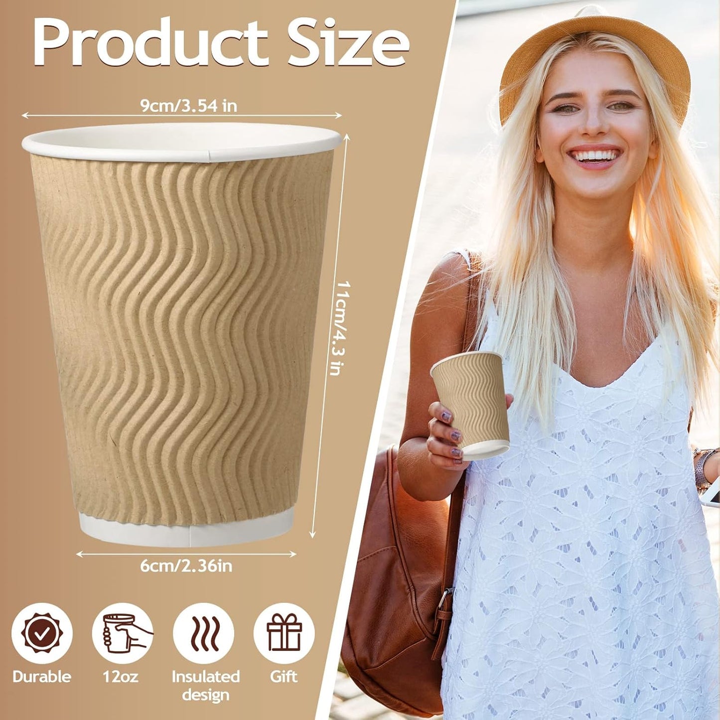 Foaincore 150 Pack 12 oz Paper Cups Bulk Disposable Ripple Insulated Ripple Wall Paper Coffee Kraft Hot Beverage Coffee Cups for Hot Beverage Cold Drinks Party