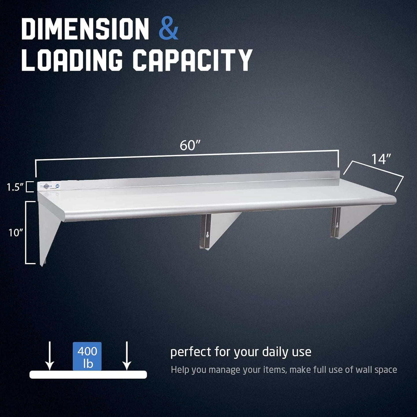 Profeeshaw NSF Stainless Steel Shelf 14” x 60”, 400 lb Commercial Shelves Wall Mounted Metal Shelving with Backsplash and 2 Brackets for Restaurant, Bar, Utility Room, Kitchen and Garage