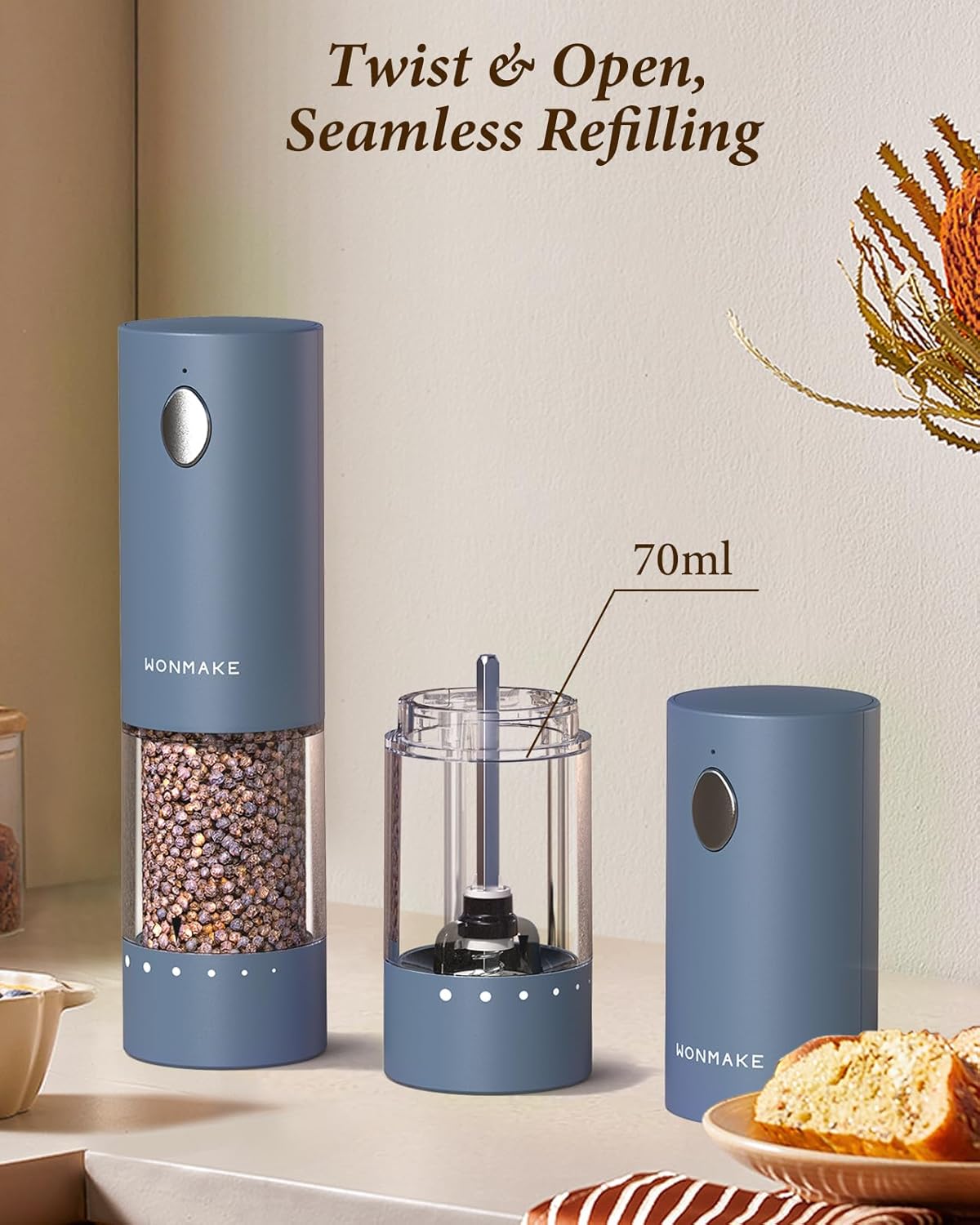 Electric Salt and Pepper Grinder Set - Automatic Refillable Salt and Pepper Grinders with Charging Base & LED Light, 6-Level Adjustable Coarseness with External Dial, Ideal Kitchen Gadget，Blue