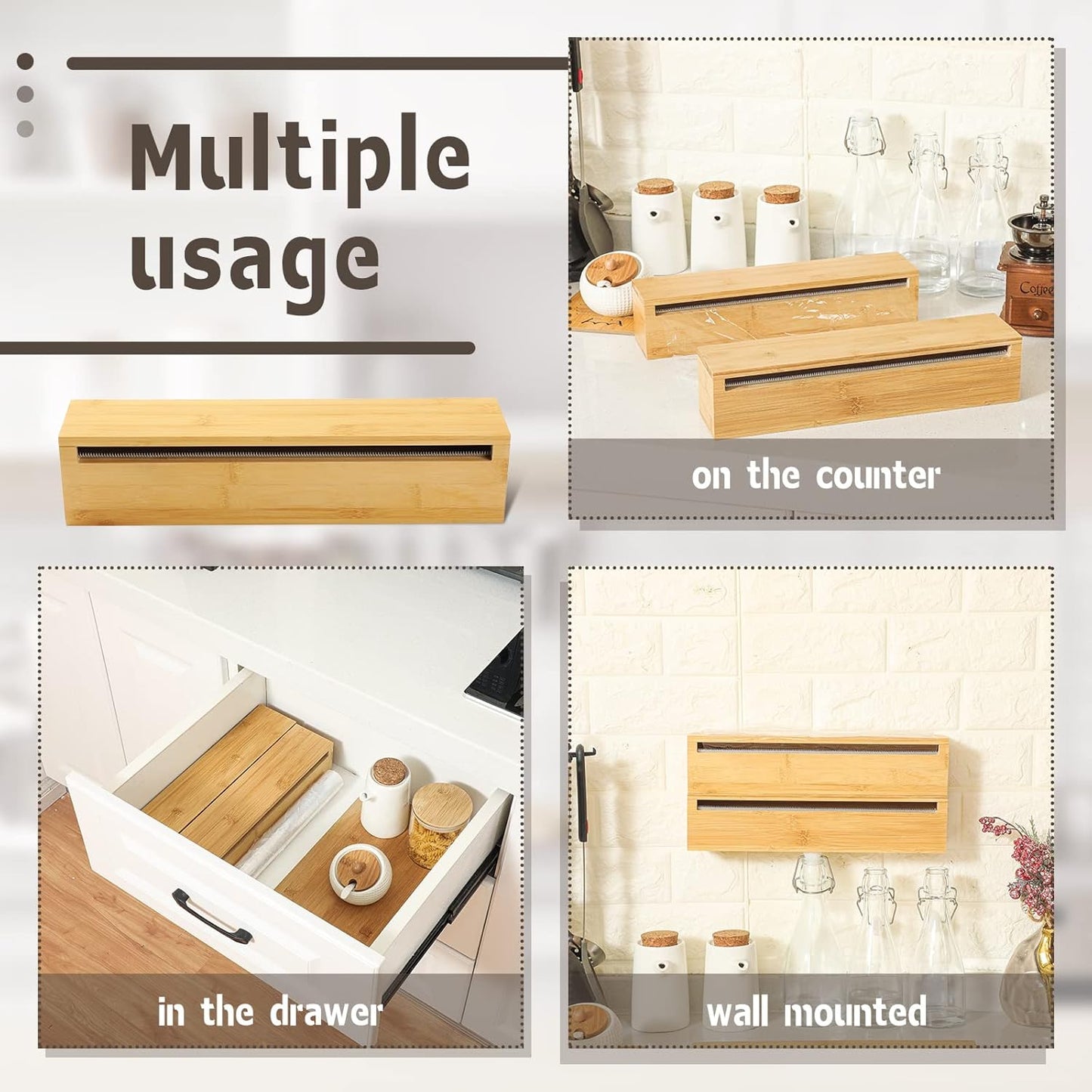 2 Pcs Foil and Plastic Wrap Organizer Plastic Wrap Dispenser Bamboo Wood Foil Dispenser with Cutter Aluminum Wax Paper Roll Organizer Holder for Kitchen