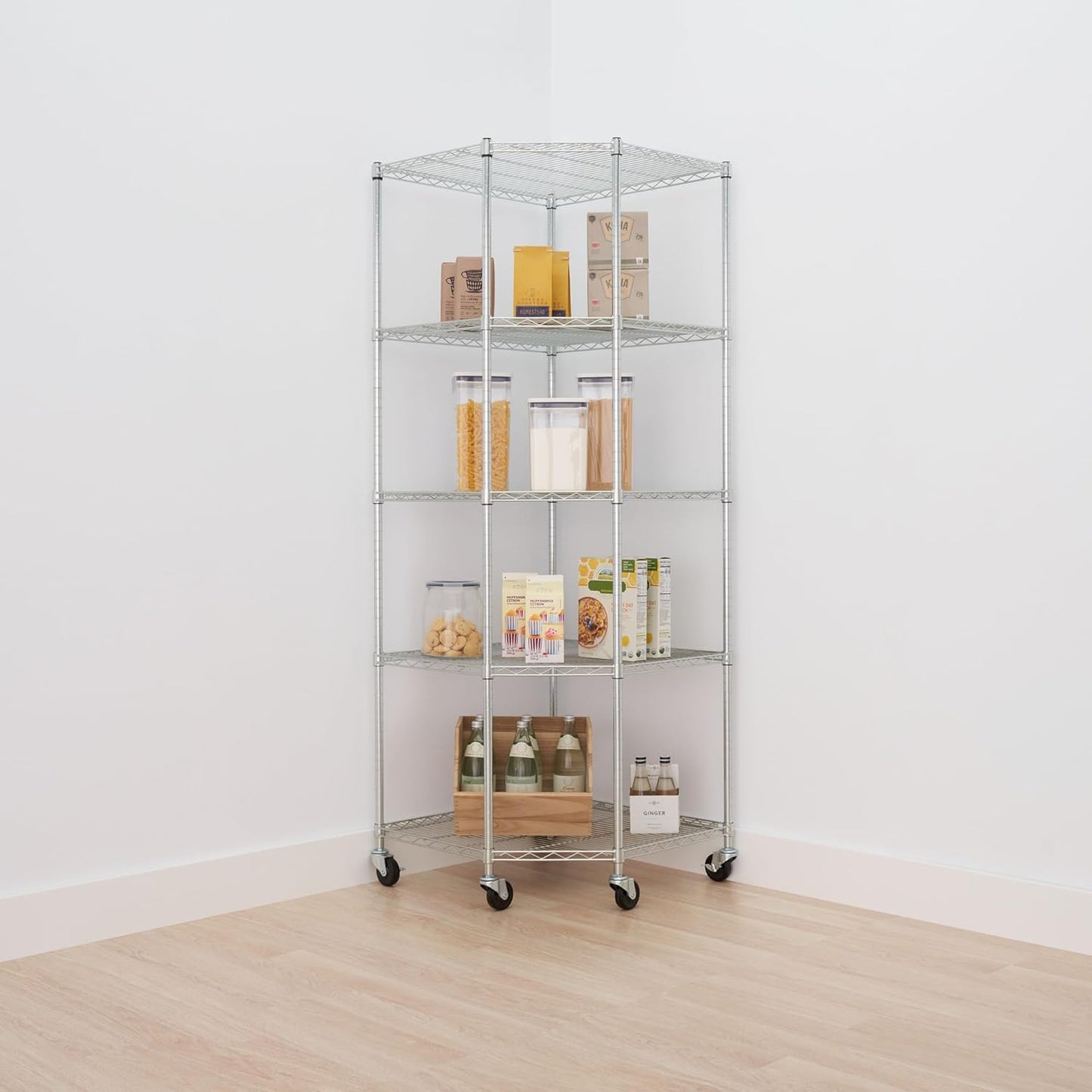 5-Tier Adjustable Wire Shelving with Wheels, Corner Wire Shelf Rack for Kitchen Organization, Garage Storage, 400 to 2000lb Capacity, NSF Certified, 27”x27 x18”x72”, EcoStorage Chrome