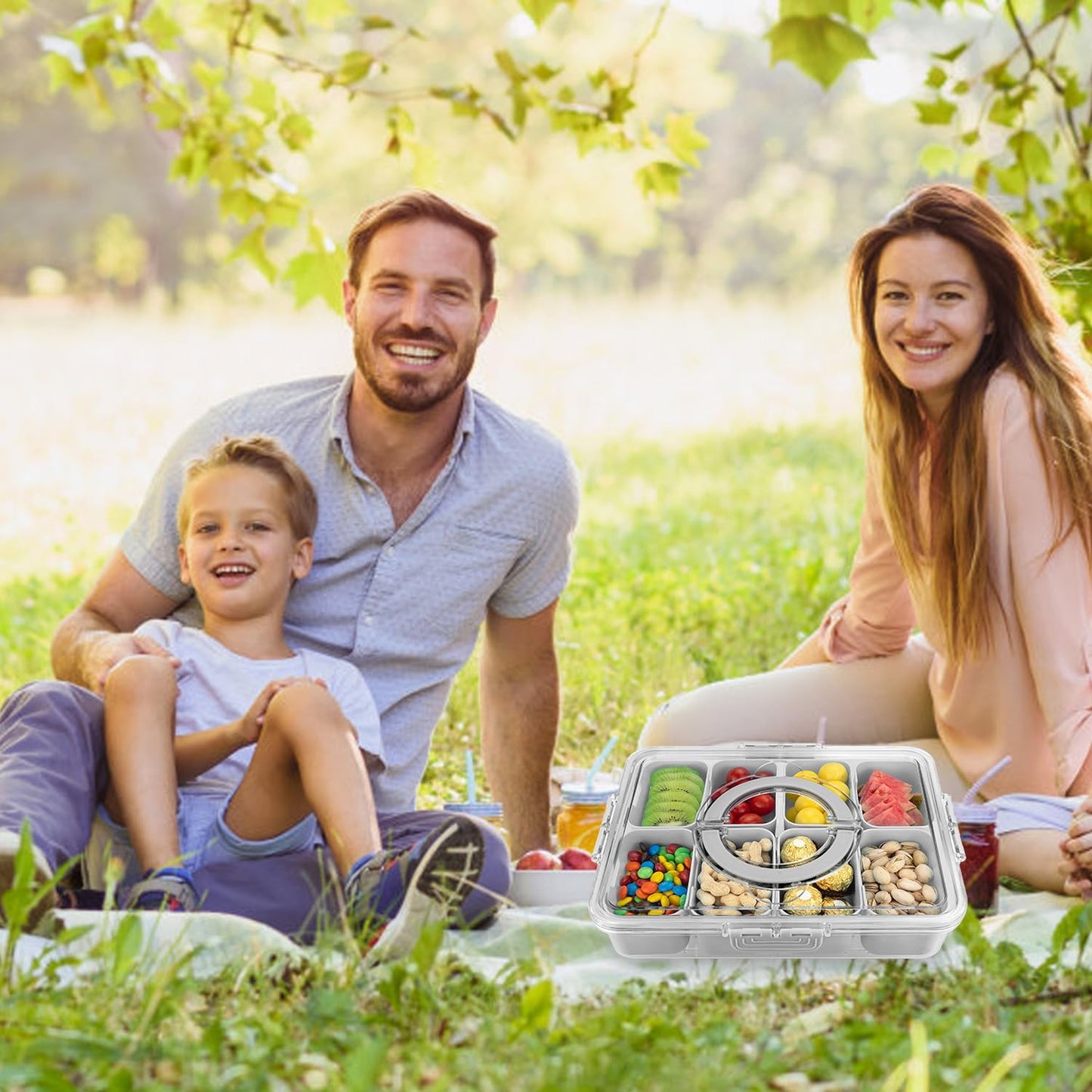Divided Serving Tray with Lid and Handle,8 Compartments Snacks Box,Snack Fruit and Veggie Tray,Portable Platter for Candy Fruits Nuts Snack Party Entertaining Picnic (2 PCS Grey)
