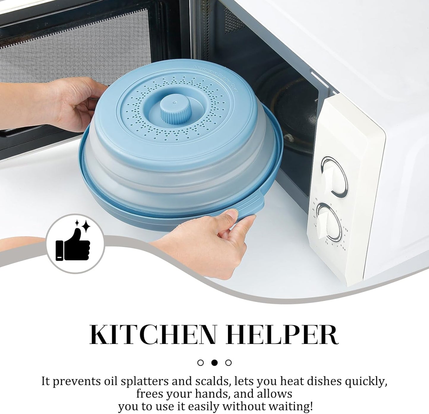 10.7 Inch Microwave Food Cover with Heat Insulation Mat, Anti-Scald Collapsible Microwave Splatter Cover, Multi-Functional as Colander & Fruit Plate, Dishwasher Safe, Ideal for Meal Prep (Blue)