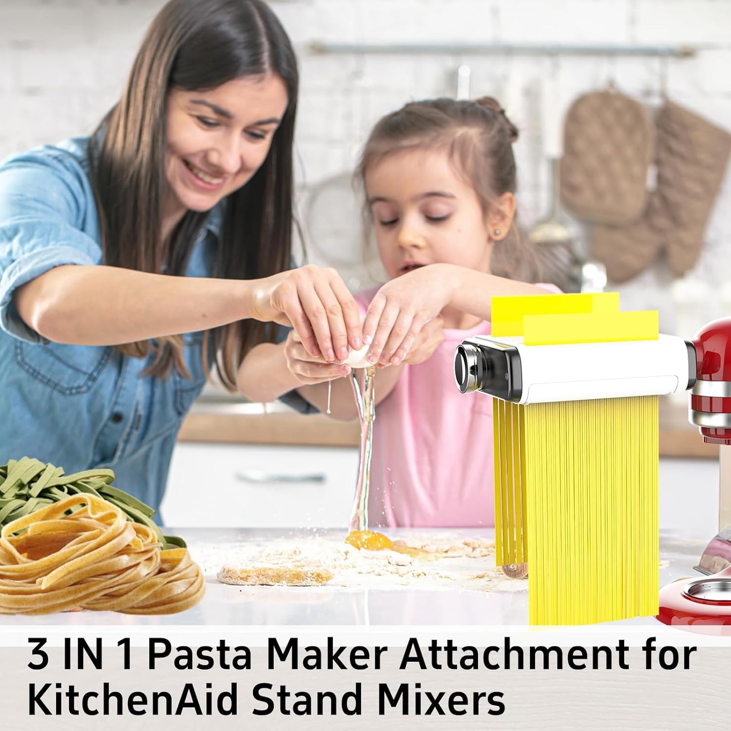 Pasta Maker Attachment for All Kitchenaid Mixers, Noodle Maker Kitchen Aid Mixer Accessories 3 In 1 Including Dough Roller Spaghetti Fettuccine Cutter - Homemade Fresh Pasta Easily!