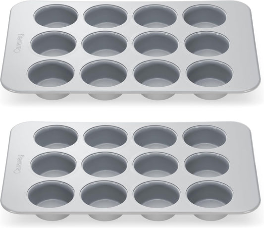 Caraway Non-Stick Ceramic 12-Cup Muffin Pan Duo - Naturally Slick Ceramic Coating - Non-Toxic, PTFE & PFOA Free - Perfect for Cupcakes, Muffins, and More - Gray