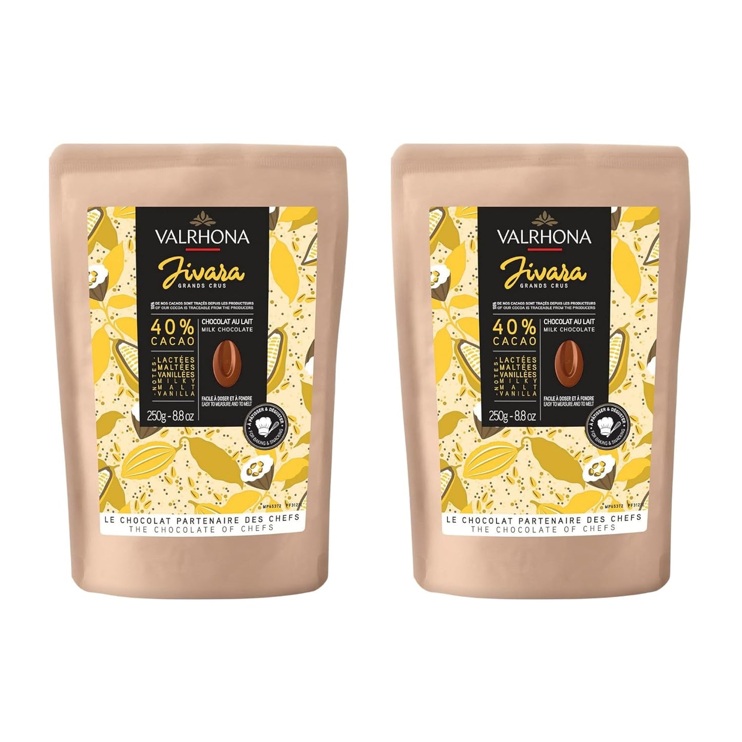 Valrhona Premium French Baking Creamy Milk Chocolate Discs (Feves). JIVARA 40% Cacao. Easy Melt and Tempering. Hints of Vanilla and Malt. For Cookies, Mousses, Frostings and Candies 250g (Pack of 2)