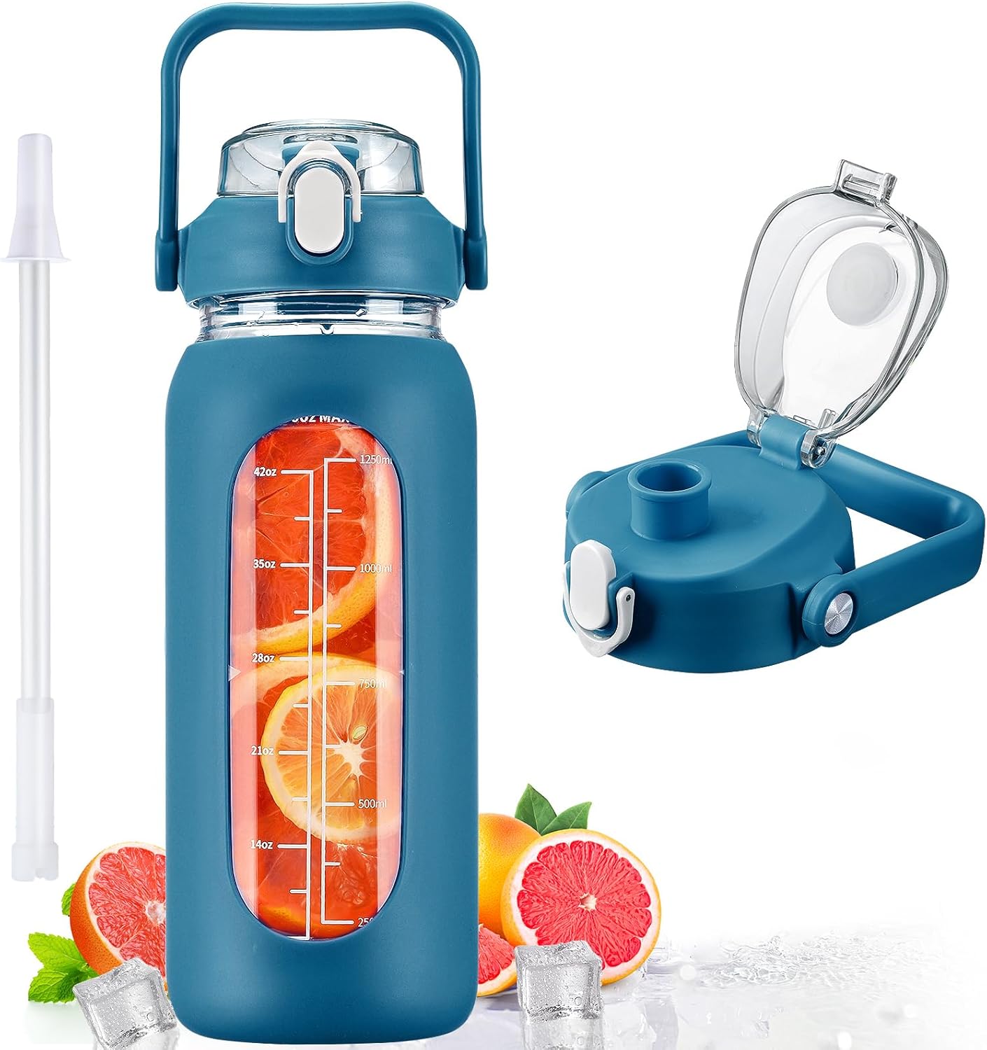 kytffu 56oz Glass Water Bottles with Straw, Motivational Glass Bottle with Silicone Sleeve and Time Marker, Leakproof Large Glass Water Jug for Gym Home Office,Iron Blue