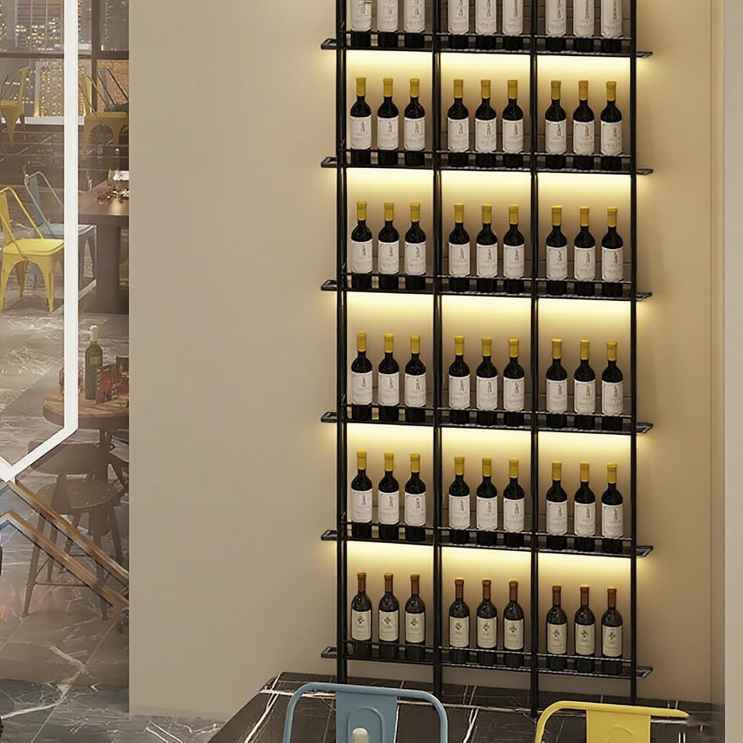 Wine Racks Wall Mounted, 6-Tier Wine Storage Holder, Black Industrial Bar Liquor Bottle Display Shelf, for Home Bar, Kitchen, Dining Rooms, & Wine Cellars (Black, 4 Column)