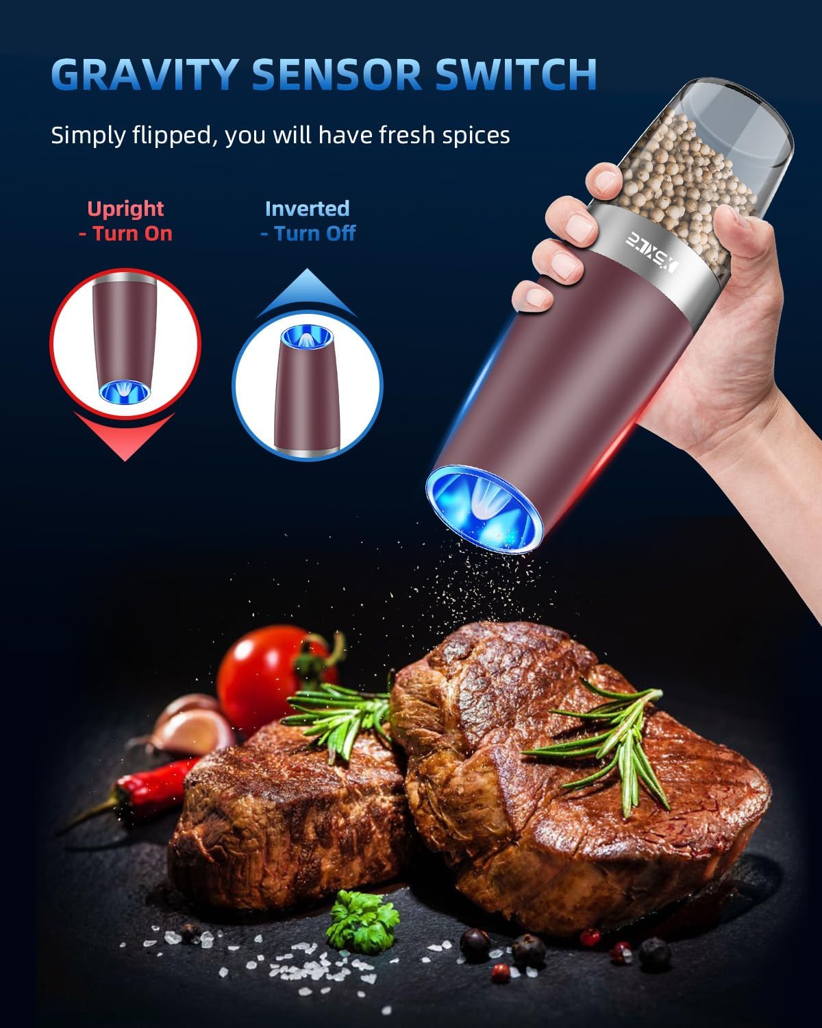 XinXu Gravity Electric Pepper Grinder, Salt or Pepper Mills & Adjustable Coarseness, with LED Light, One Hand Automatic Operation -Set/RoseRed
