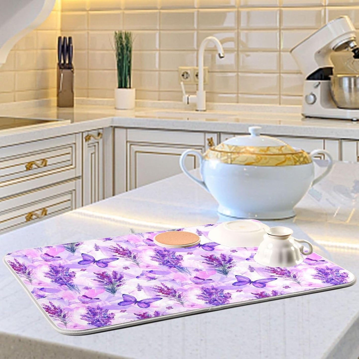 Purple Lavender Butterfly Dish Drying Mat for Kitchen Counter Absorbent Microfiber Drying Pad, Large 18x24 in, Reversible Drainer Mats