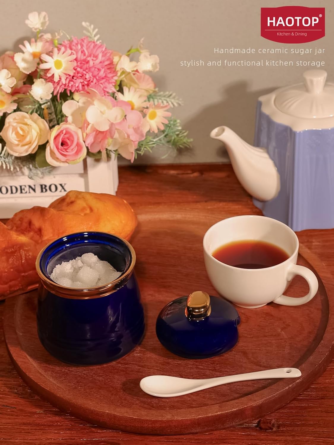 HAOTOP 12oz Sugar Bowl with Lid and Spoon,Simple Ceramic Sugar Jar Sugar Container Sugar Dispenser Coffee Bar Accessories, Modern Kitchen Countertop Canisters (Navy)