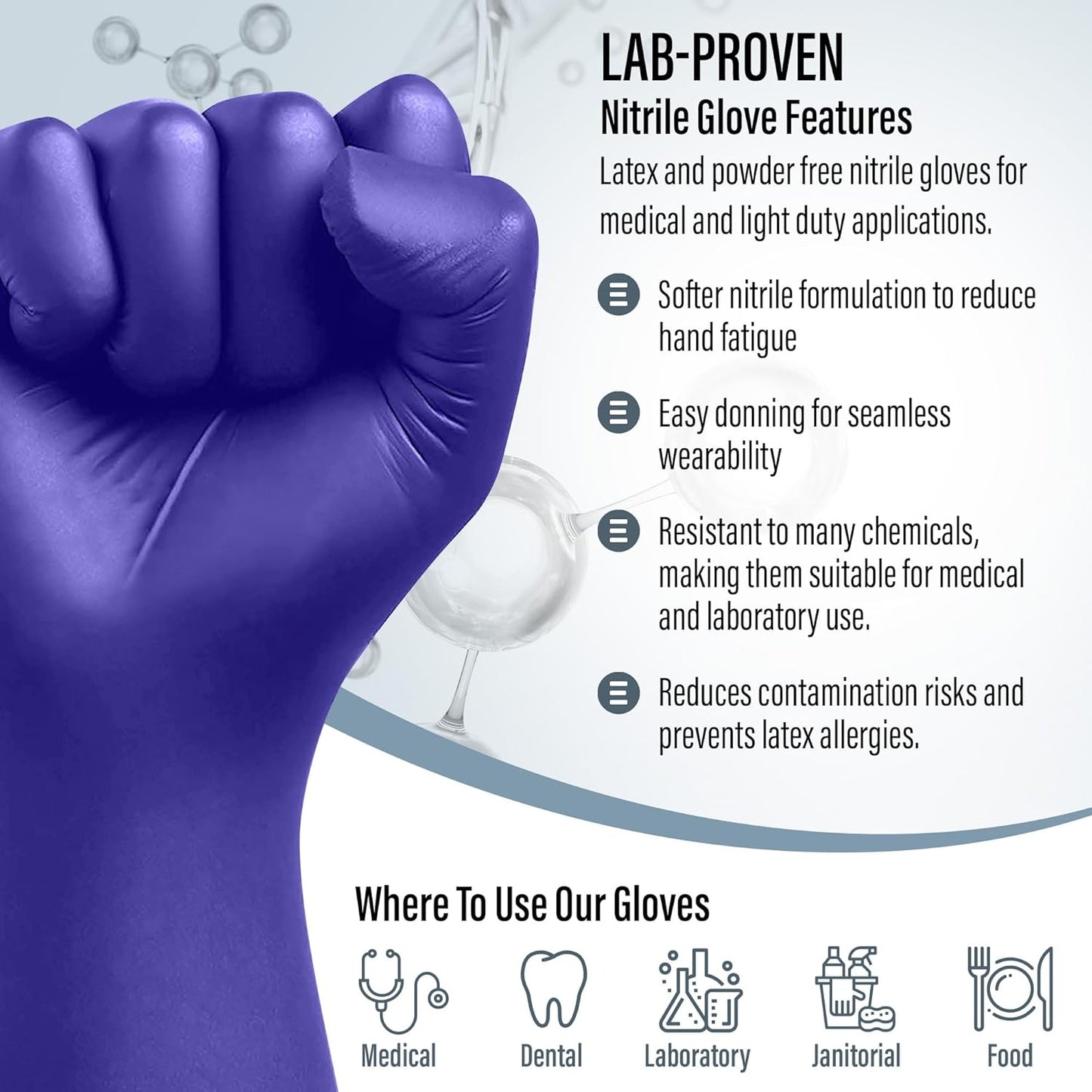 EnSure Nitrile Exam Gloves, Powder-Free, Latex-Free, Chemo Rated, Non-Sterile, Light Duty, Textured Tips, Medical, Surgical, Food Safe, Cleaning, Dental, Lab Use - 3 Mil (Large, 200 Count)