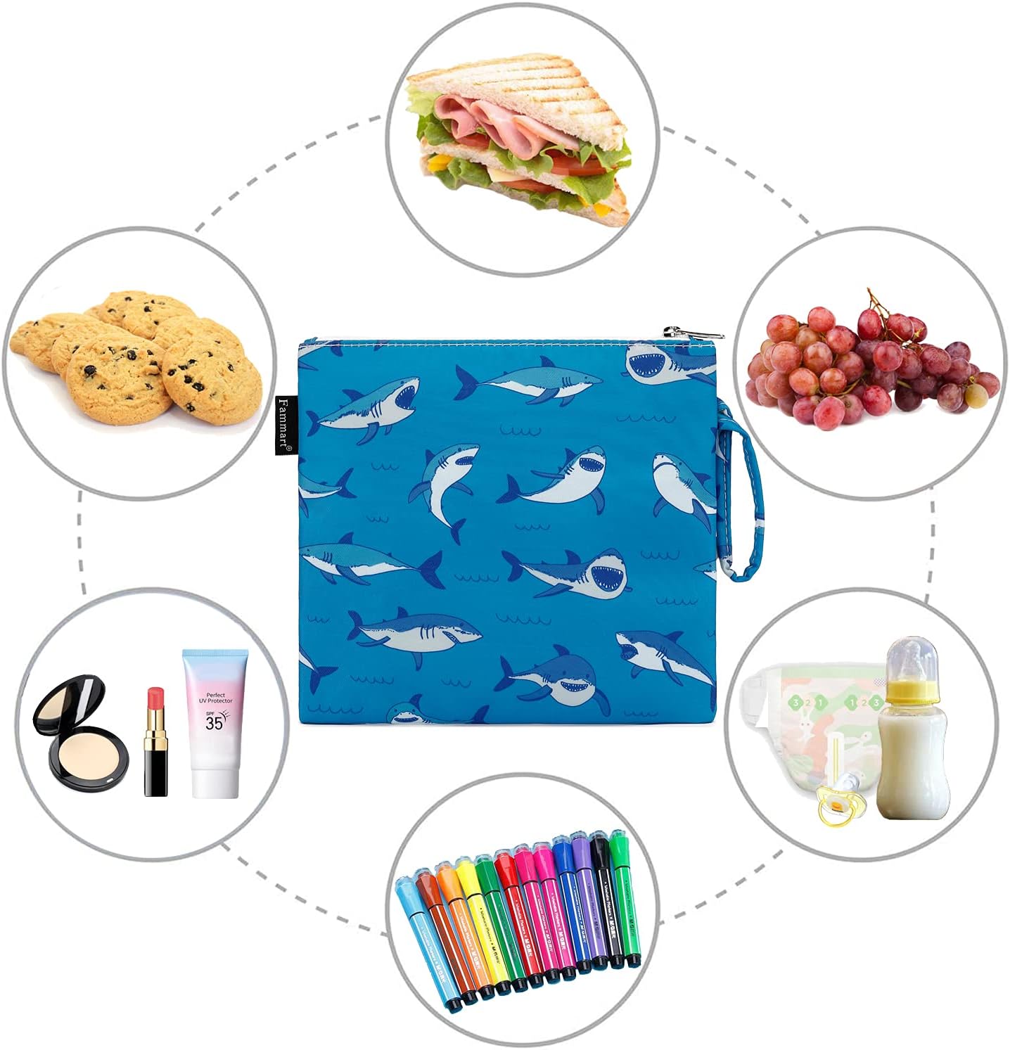 Reusable Sandwich Bag/Snack Bag for Kids & Adults, Dual Layer Lunch Bag with Handle, Cosmetic Bag Makeup Travel Bag for Women Girls, Washable, Food Safe, BPA Free (1-Pack, Shark)