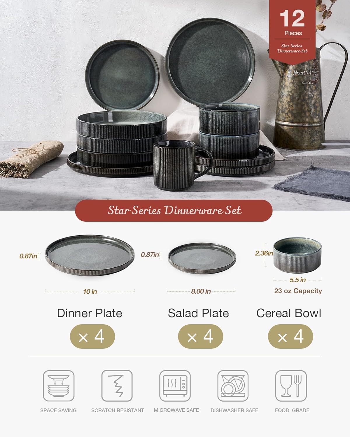 Famiware Star Dinnerware Set, Plates and Bowls Sets for 4 (12pcs), Ribbed Stoneware Dishes - Chip & Scratch Resistant, Microwave & Dishwasher Safe, Deep Forest